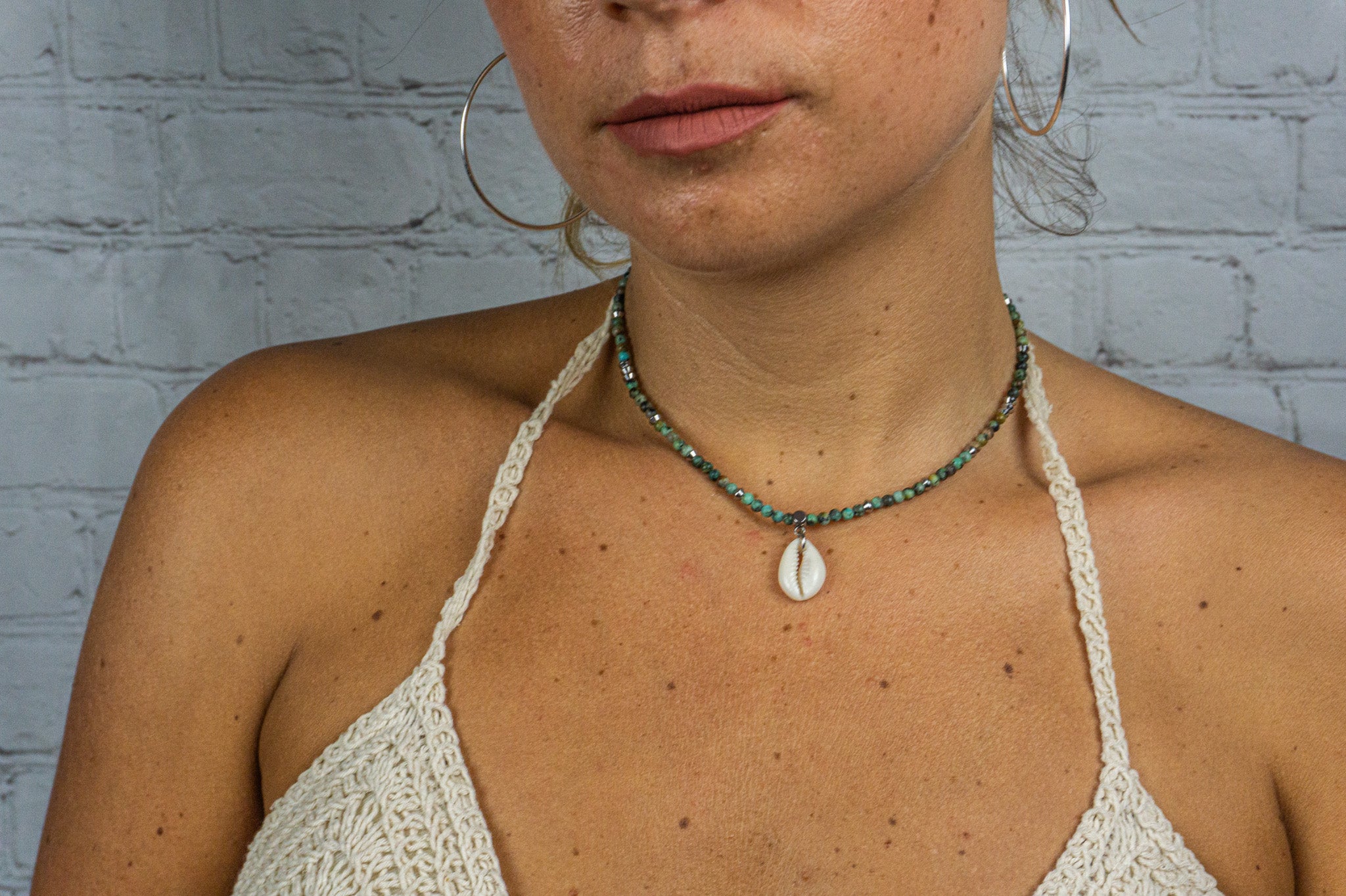 womens green african turquoise jasper gemstone beaded choker with sea shell - wander jewellery