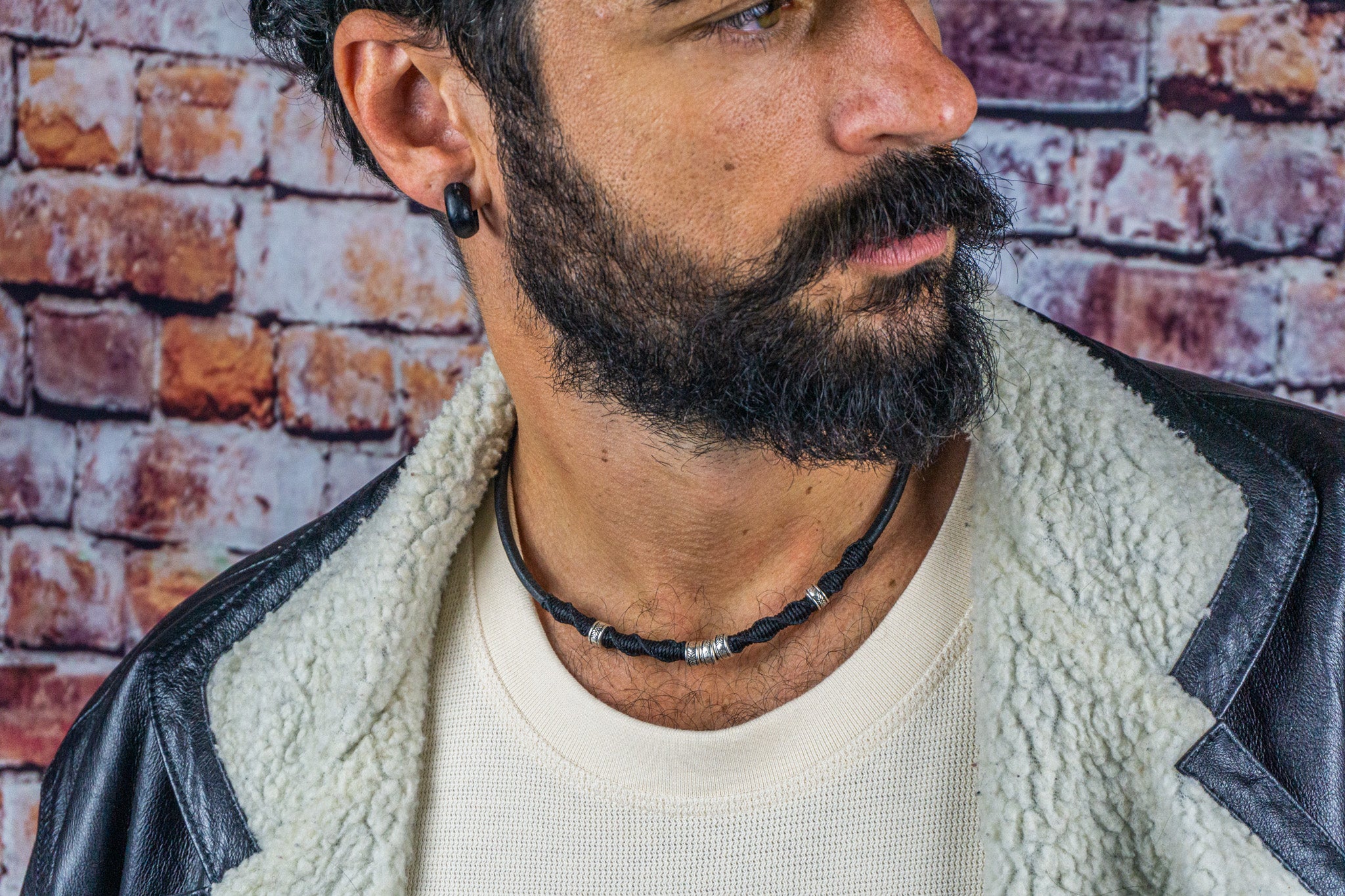 mens leather choker with macrame decoration- wander jewellery
