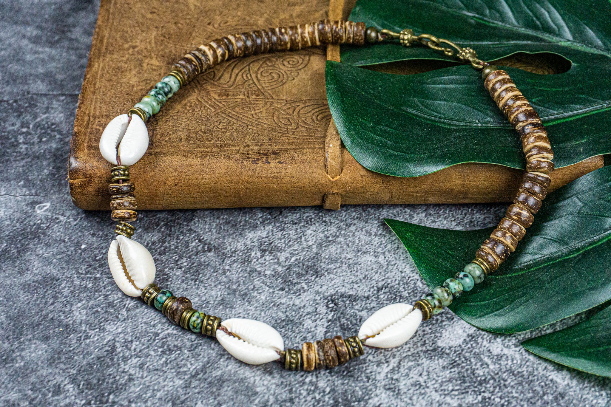 choker necklace with cowrie shell coconut and jasper gemstone- wander jewellery