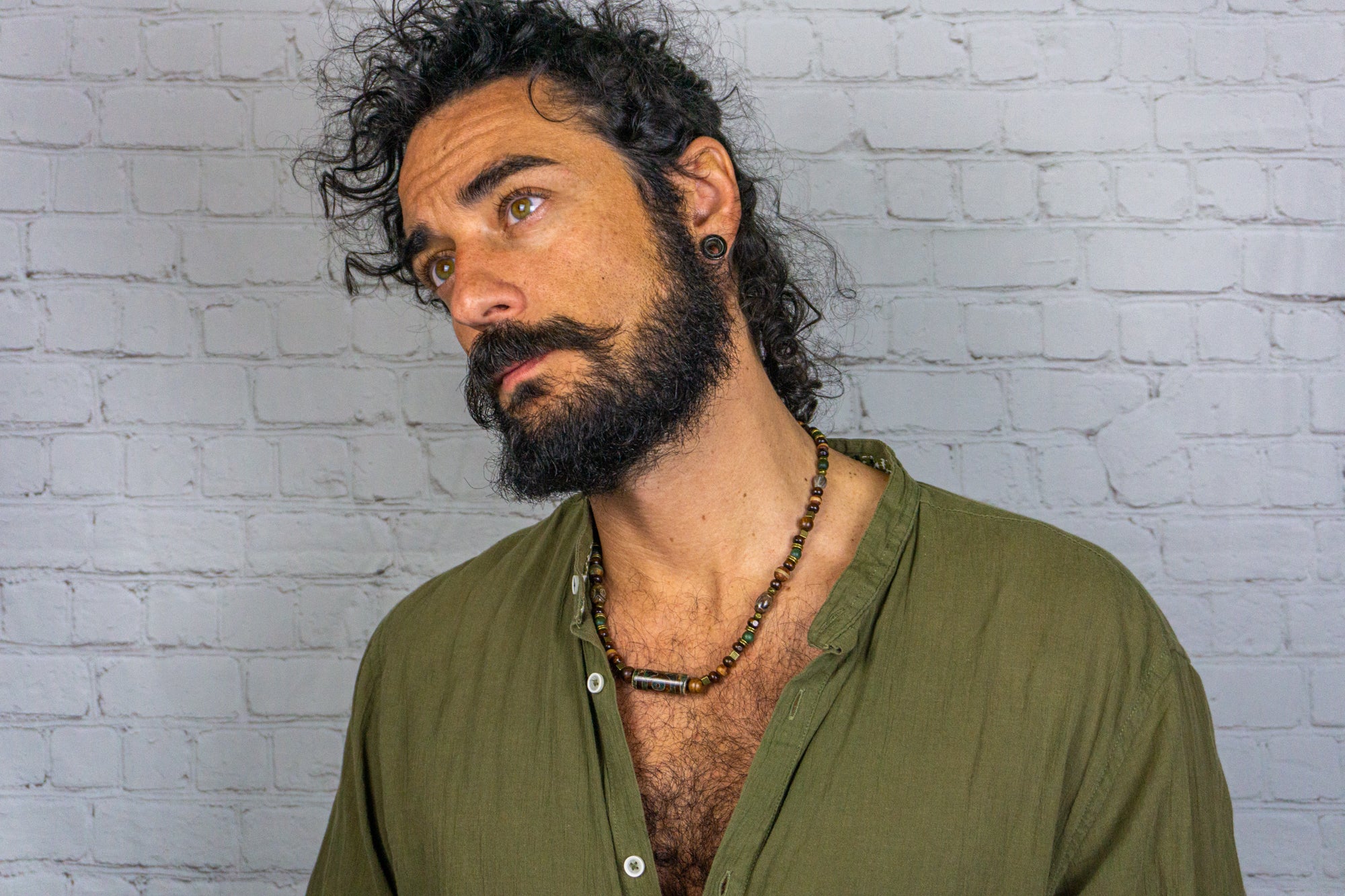 mens agate and green wooden bead short necklace- wander jewellery