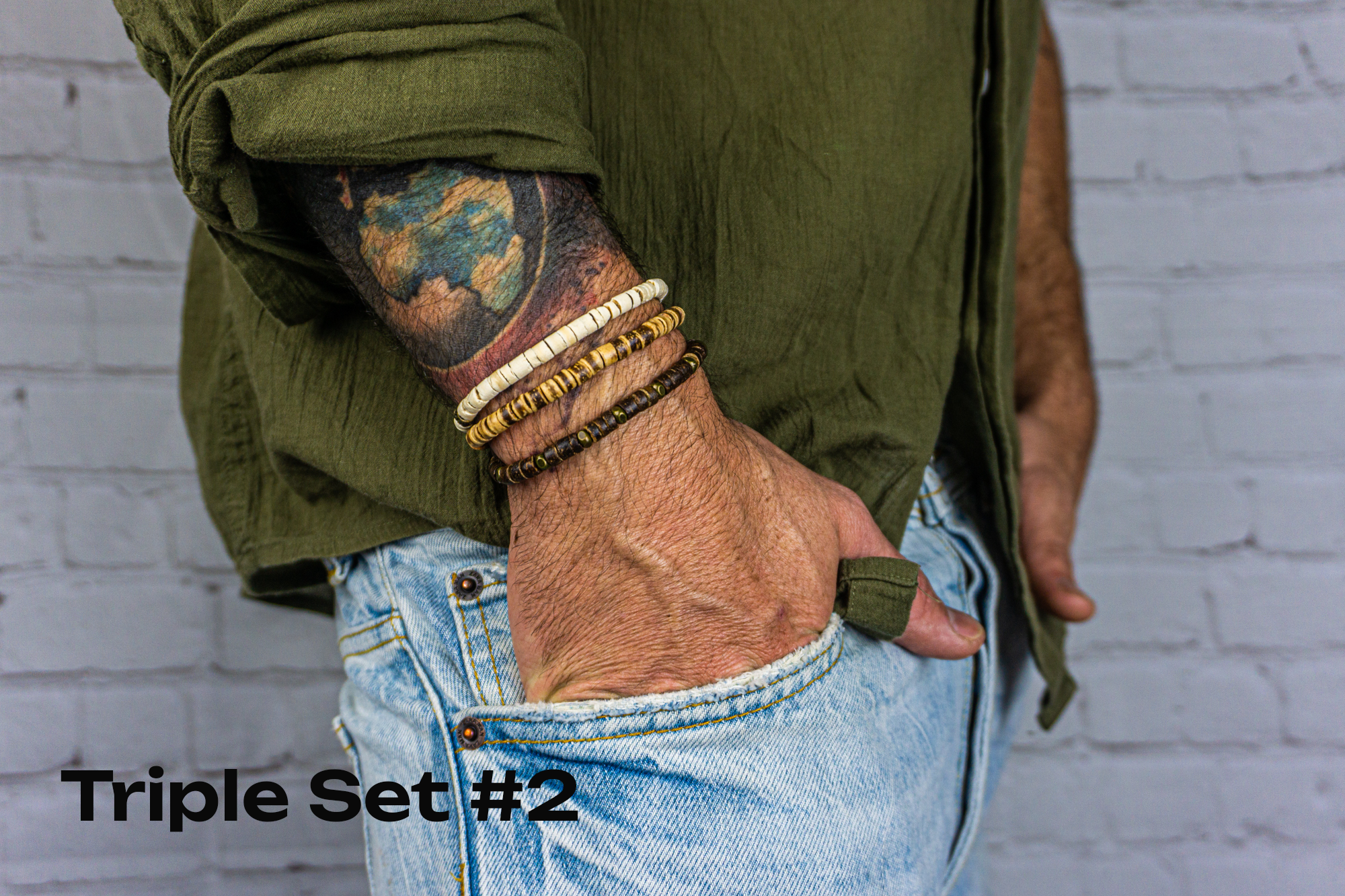 mens dark brow, light brown, white coconut shell beaded bracelet set- wander jewellery