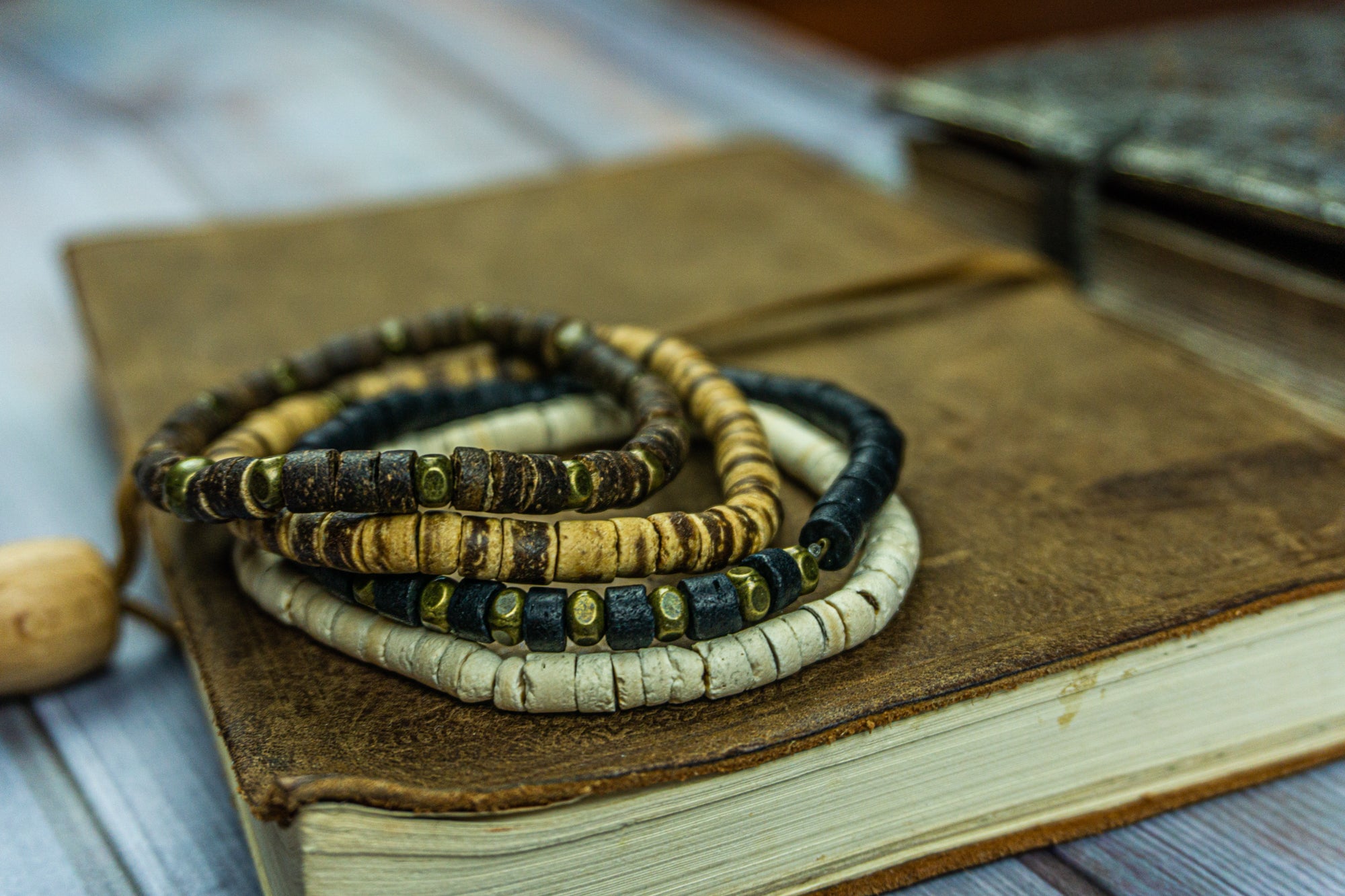 black, dark brow, light brown, white coconut shell beaded bracelet set- wander jewellery