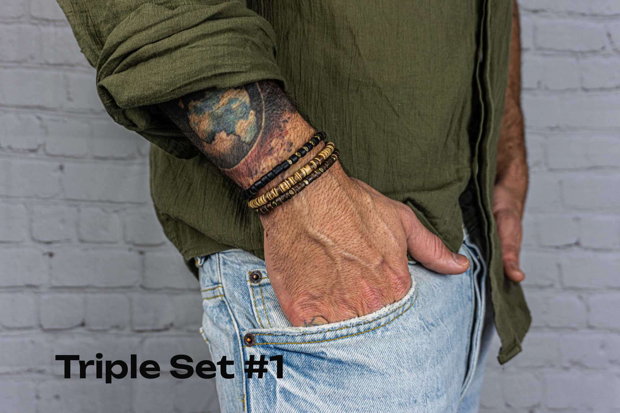 mens black, dark brow and light brown coconut shell beaded bracelet set- wander jewellery