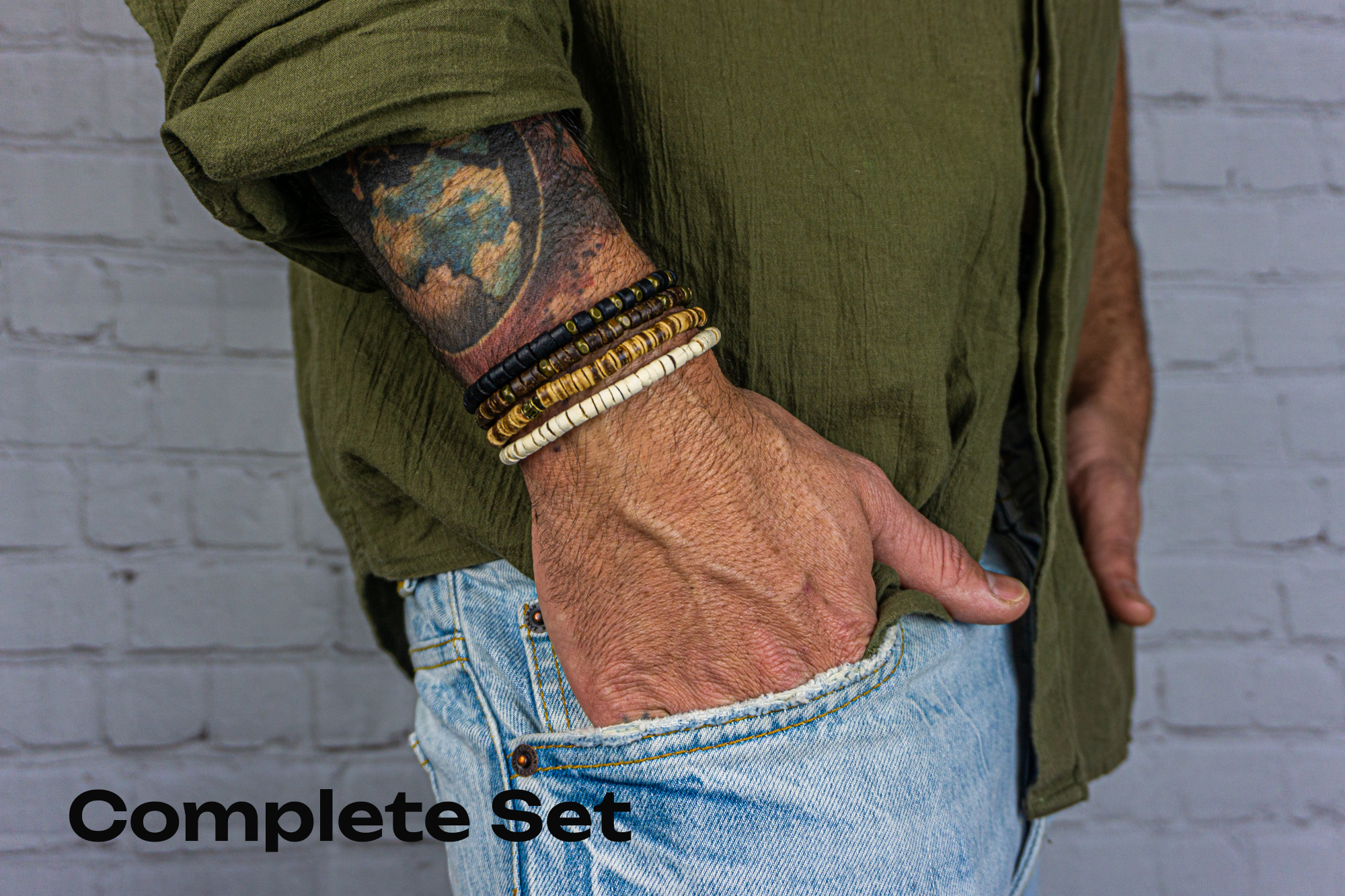 mens black, dark brow, light brown, white coconut shell beaded bracelet set- wander jewellery