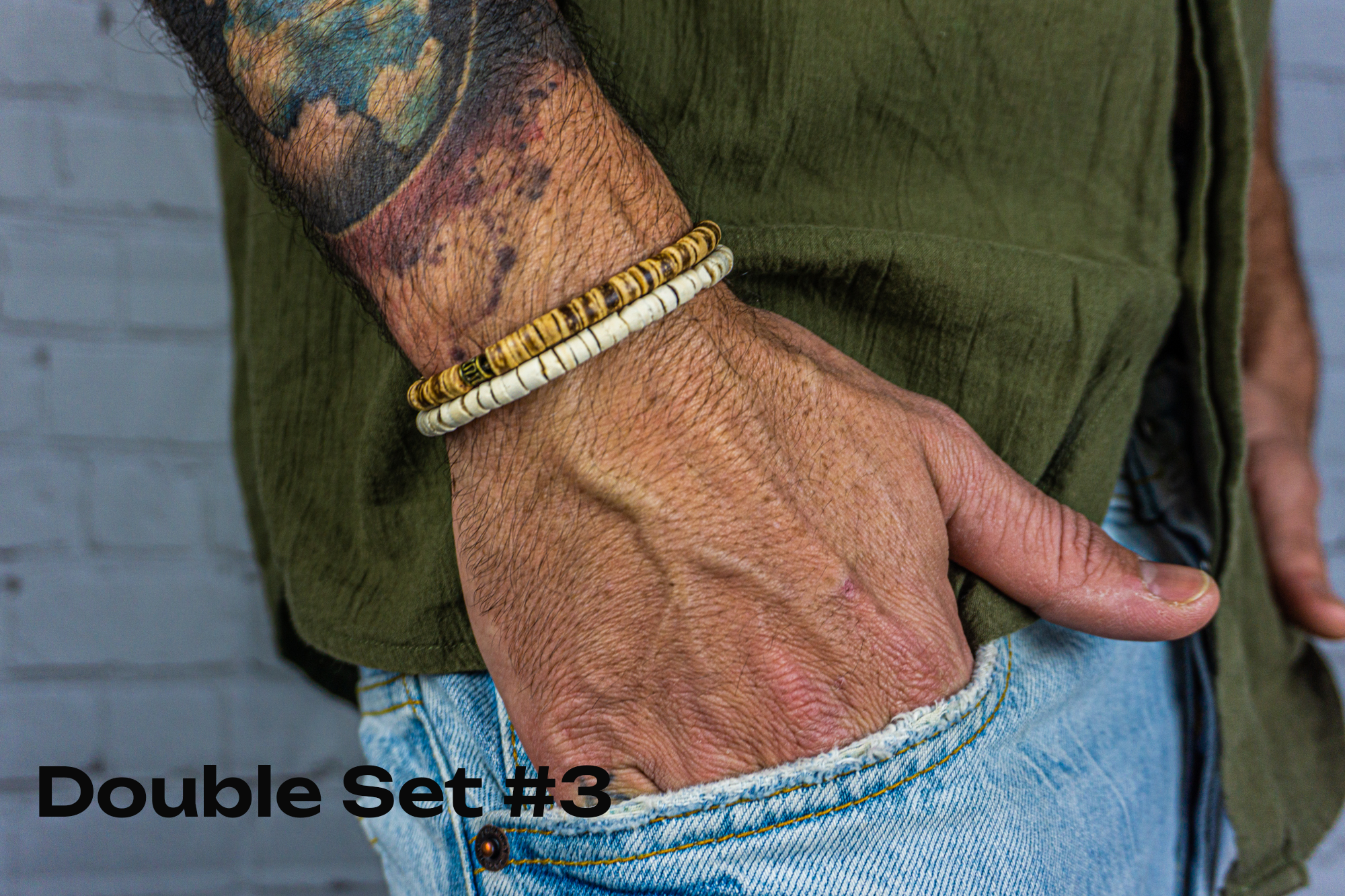 light brown and white coconut shell beaded bracelet set- wander jewellery