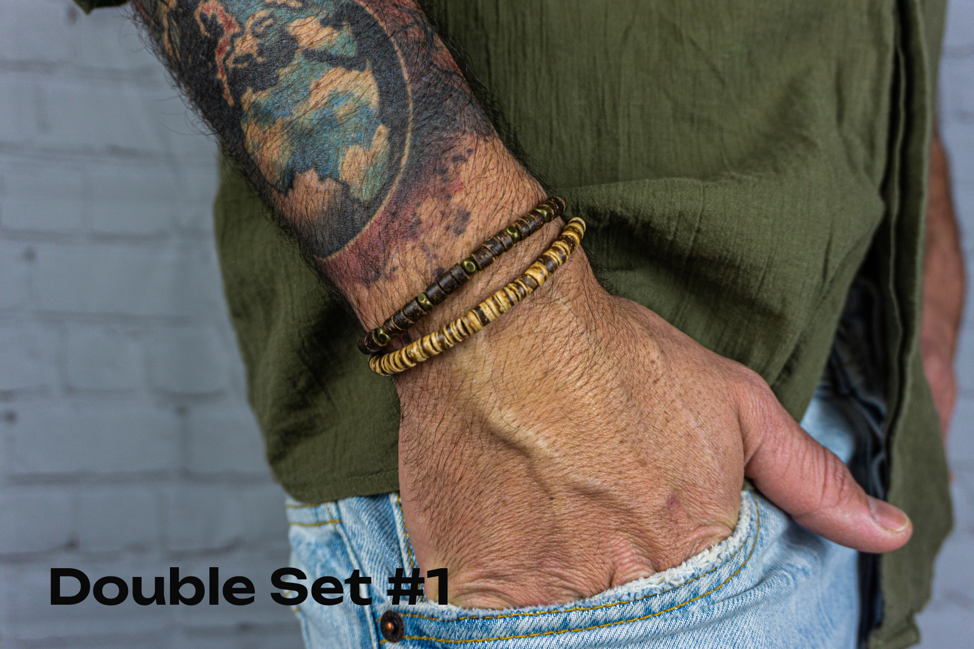 mens dark brow and light brown coconut shell beaded bracelet set- wander jewellery