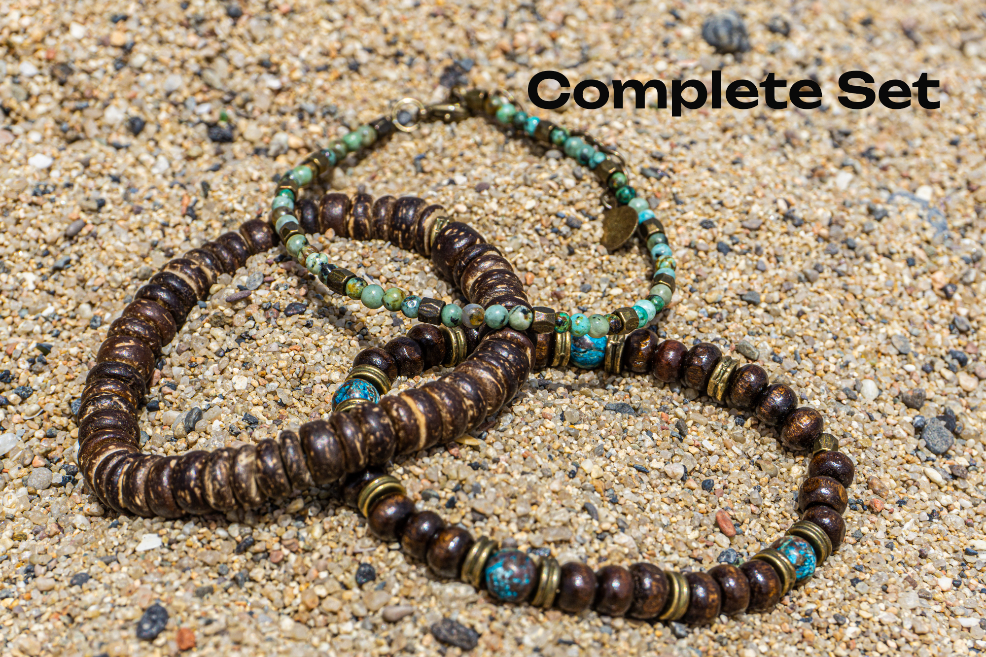 mens triple bracelet made of coconut shell, wooden beads, ocean jasper and African turquoise gemstones- wander jewellery