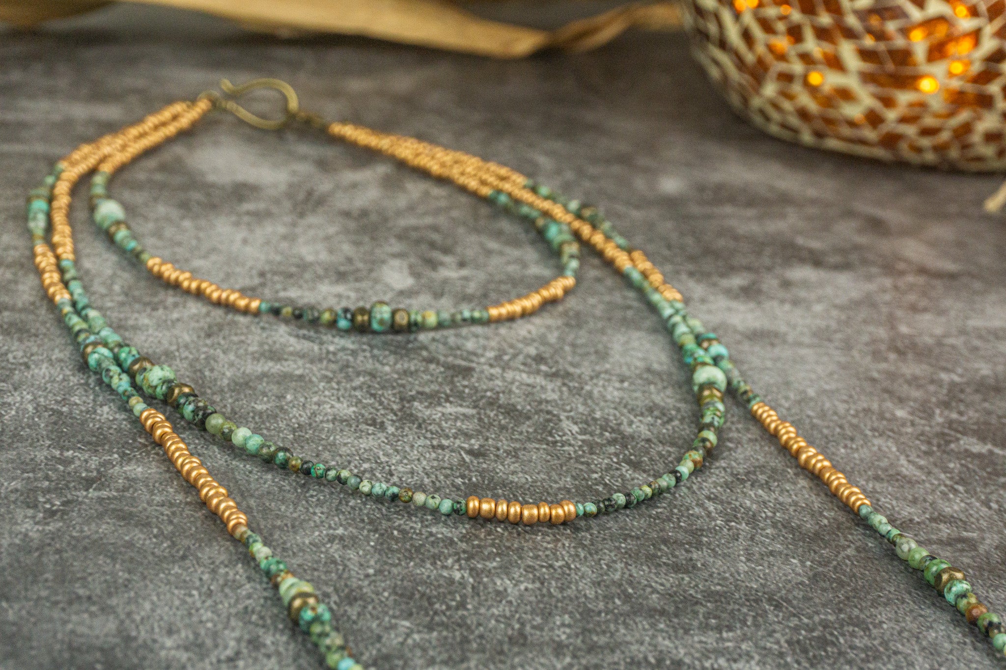 Boho long layered necklace set with african turquoise gemstones and antique golden beads- wander jewellery
