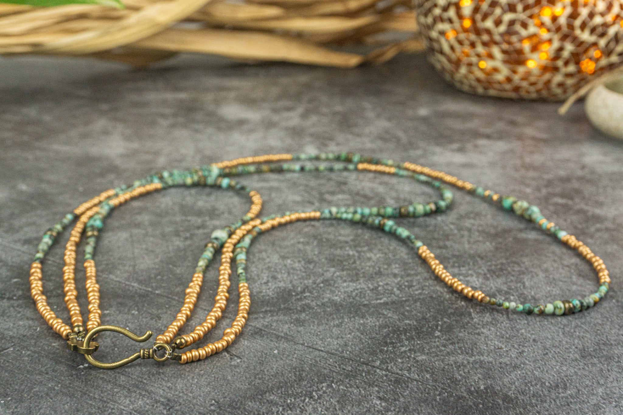 3 layers necklace set with african turquoise gemstones and antique golden beads- wander jewellery