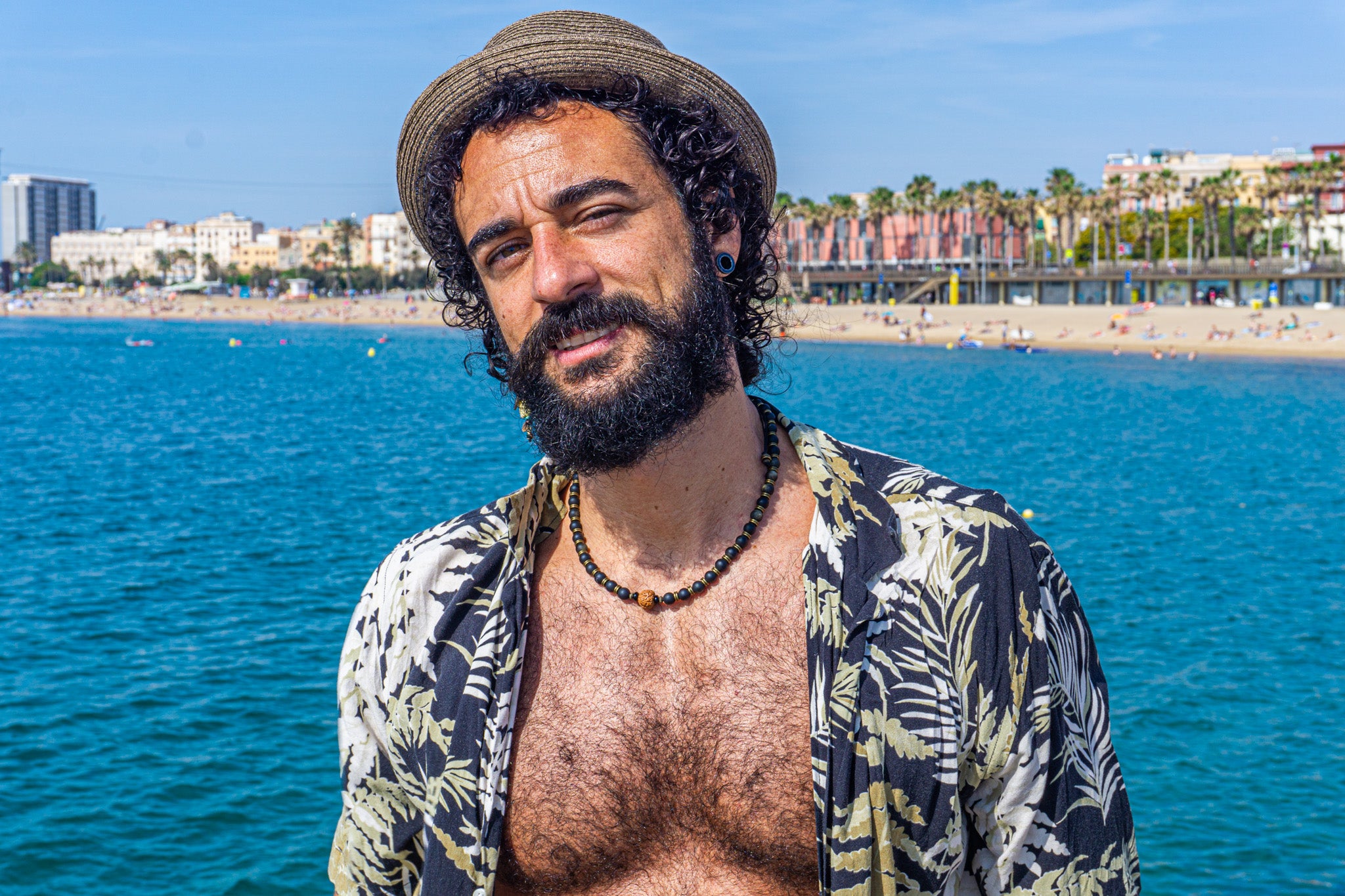 men black golden obsidian beaded necklace with brass and rudraksha sees as central piece- wander jewellery