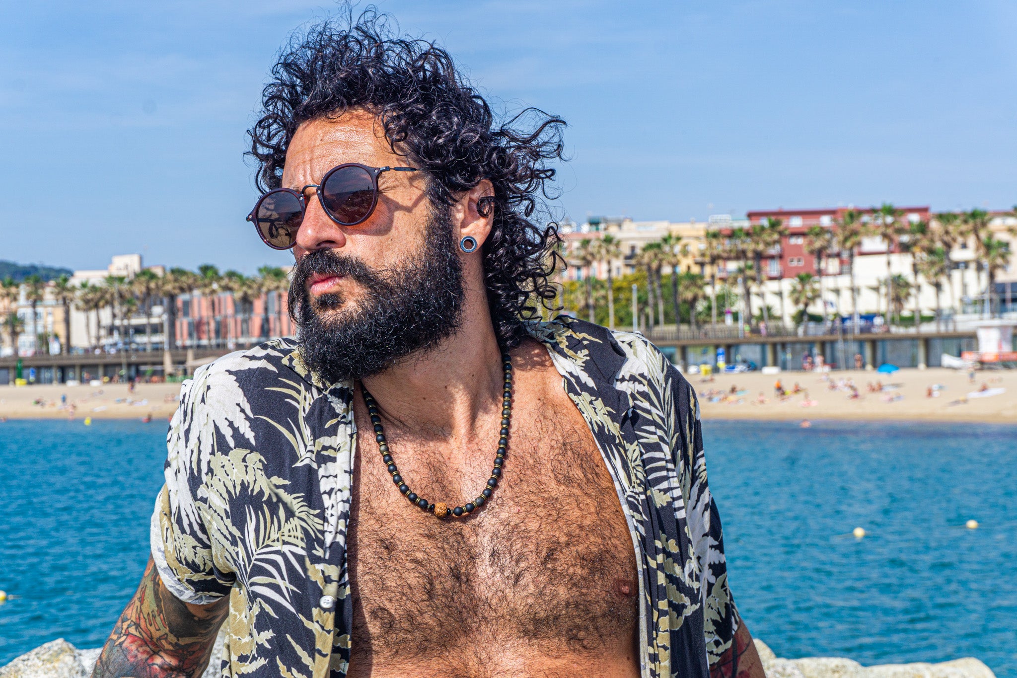 men black golden obsidian beaded necklace with brass and rudraksha seed- wander jewellery