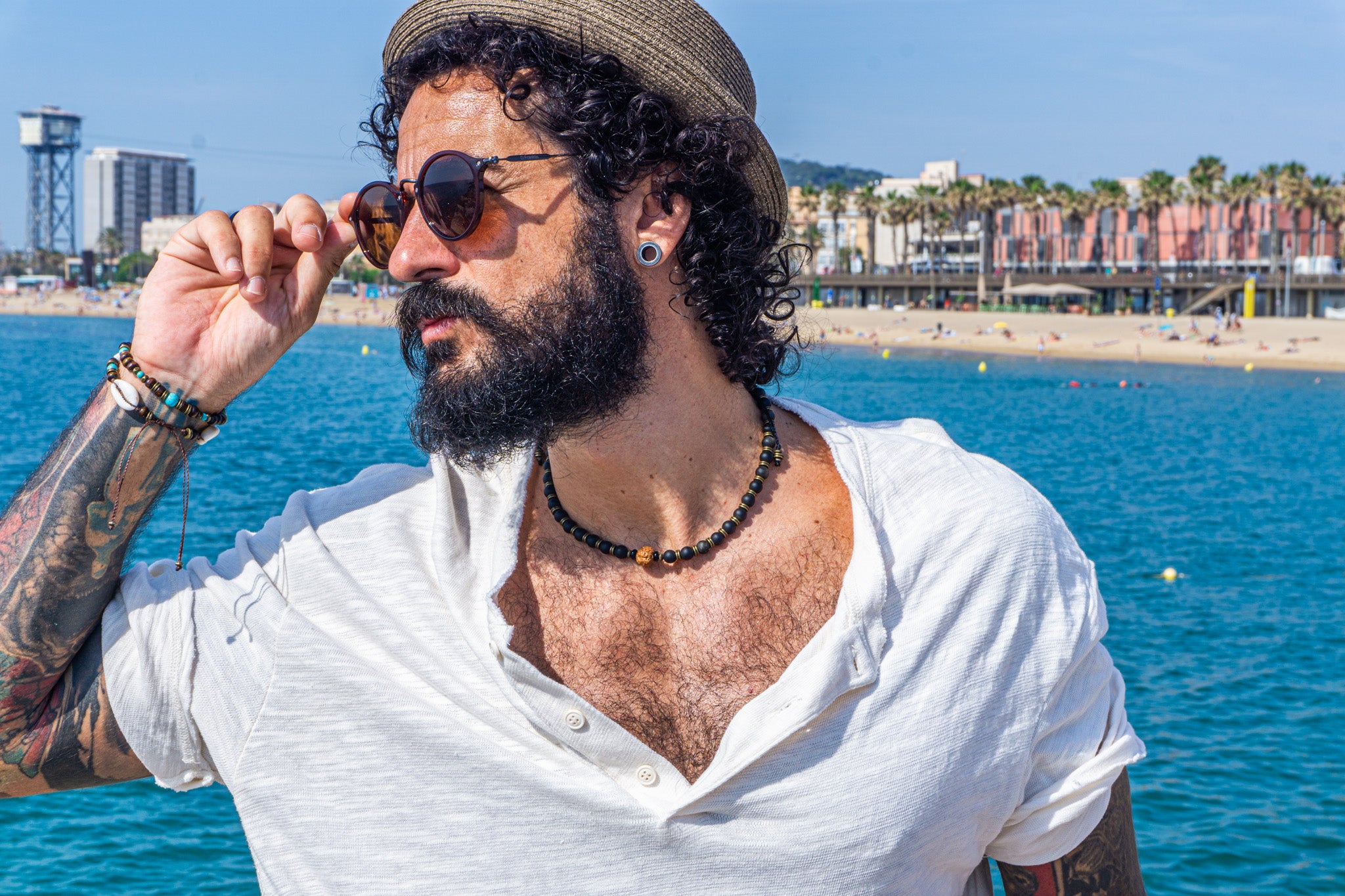 men black golden obsidian beaded necklace with brass and rudraksha as central piece- wander jewellery