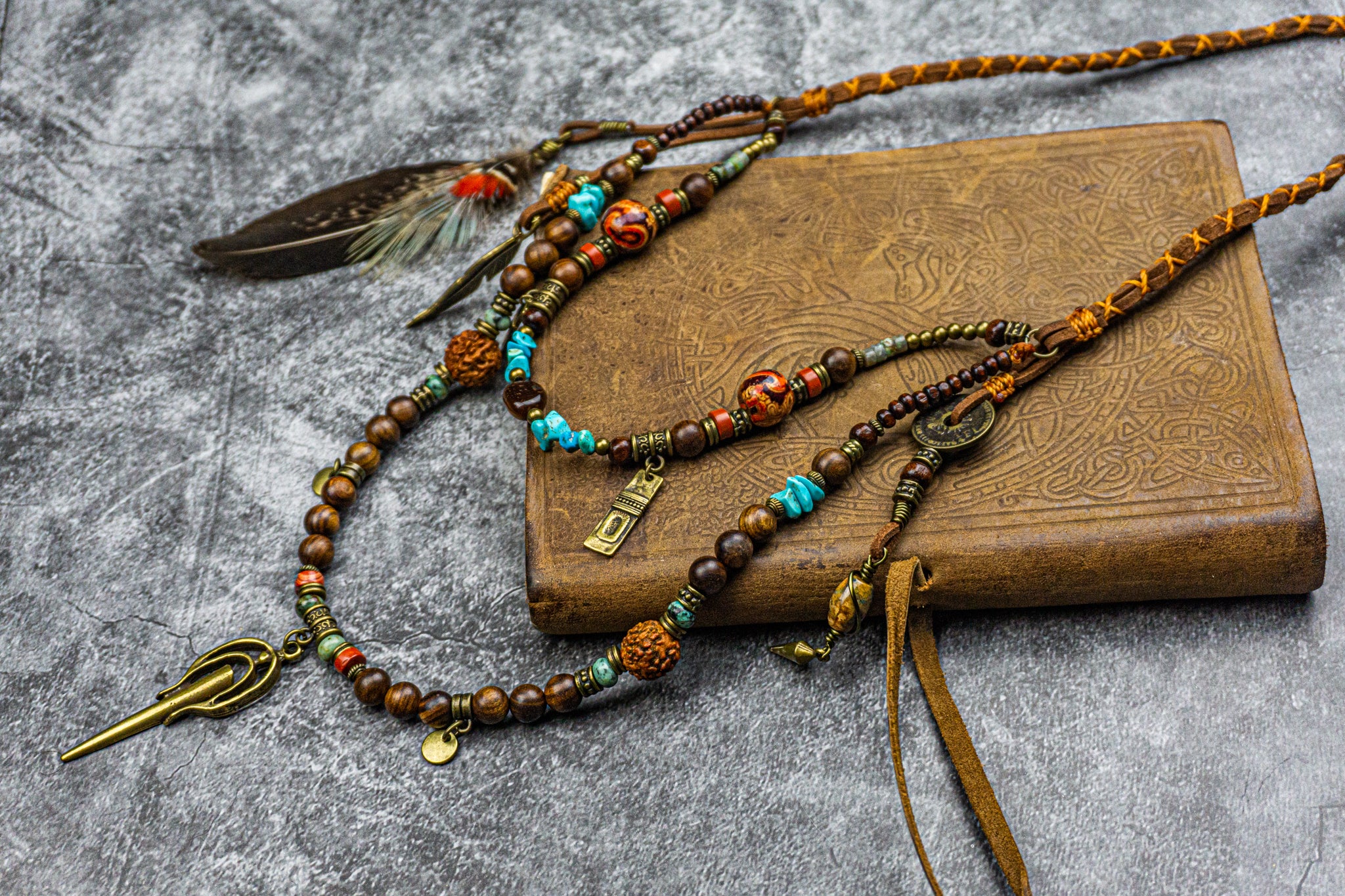 layered charm and feather necklace- wander jewellry