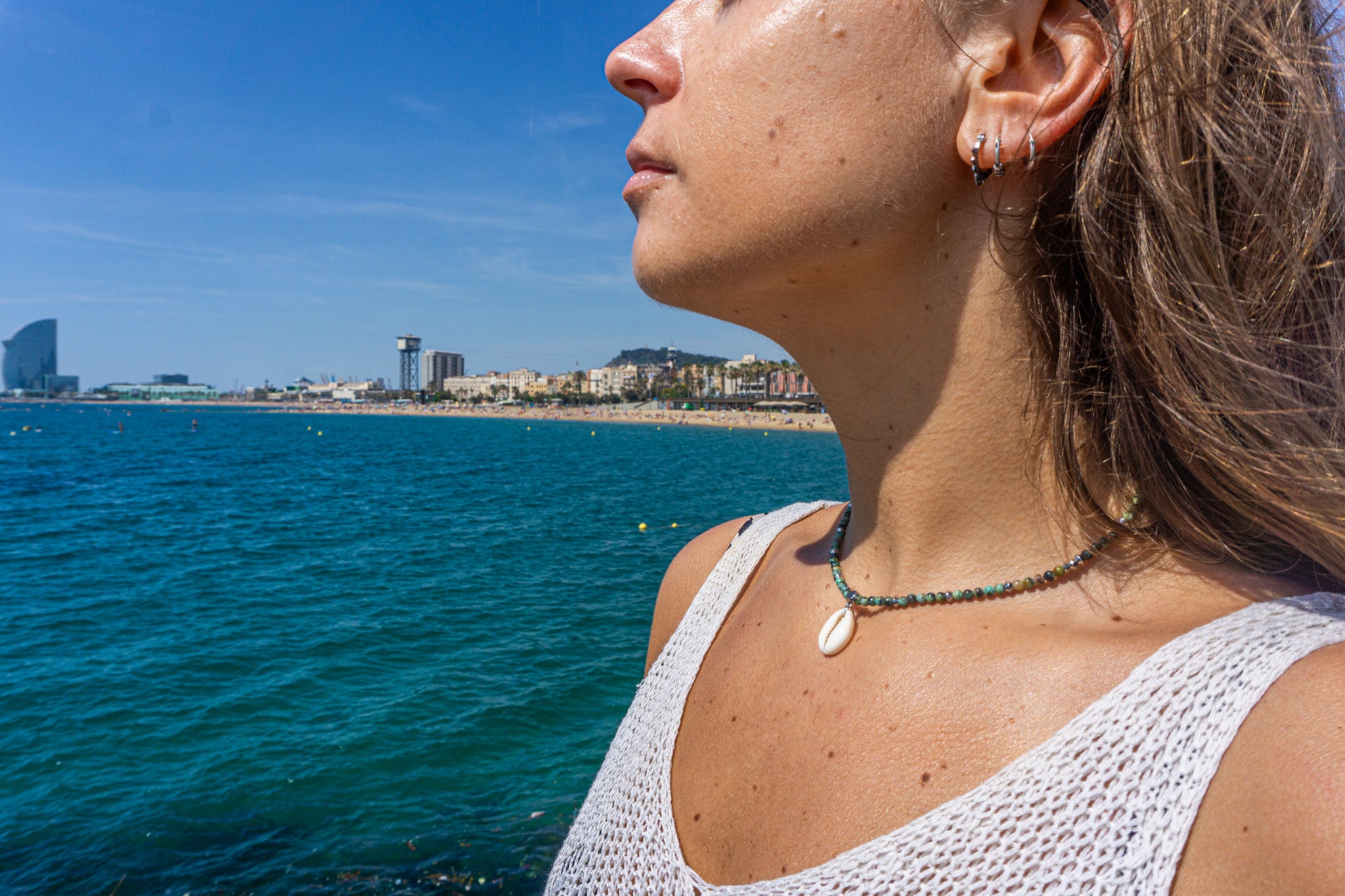 womens green african turquoise jasper gemstone beaded choker necklace with cowrie shell pendant- wander jewellery