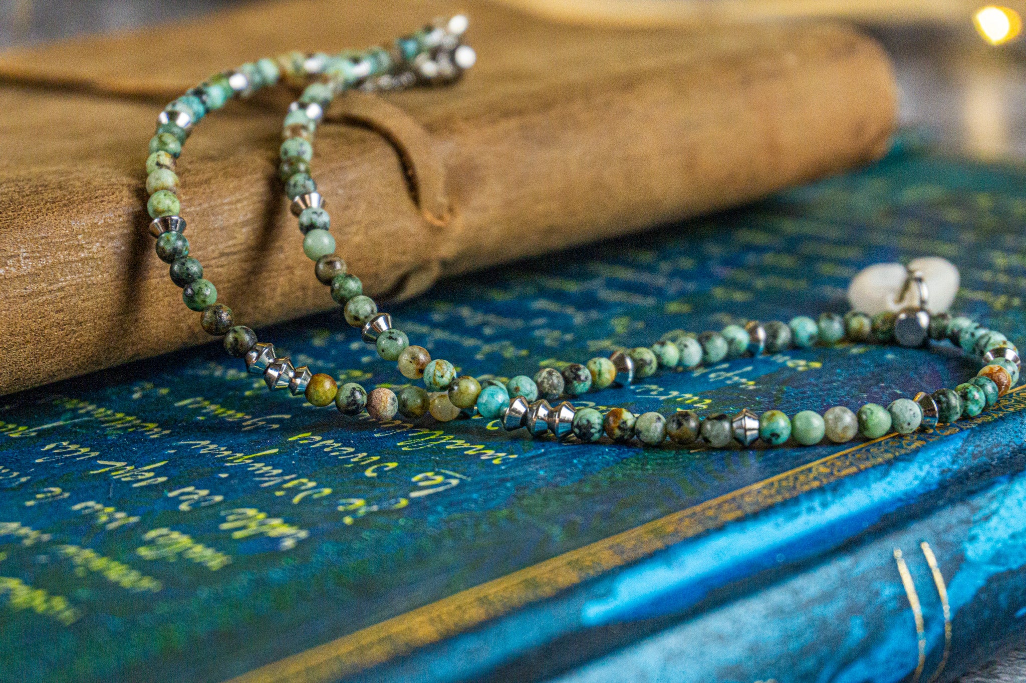 african turquoise jasper beaded choker necklace with cowrie shell pendant- wander jewellery