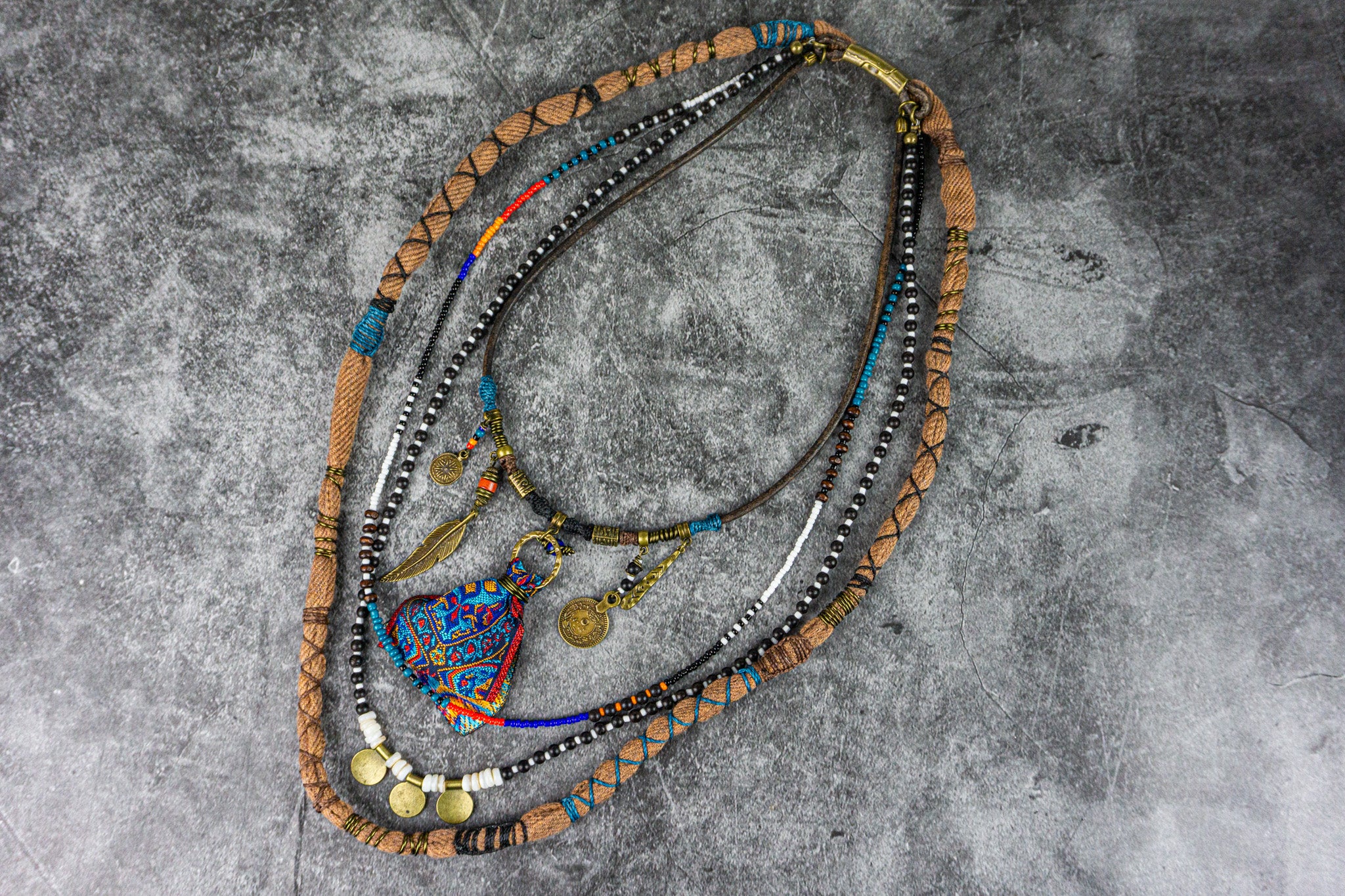 layering multi stone colorful gypsy necklace set with charms- wander jewellery