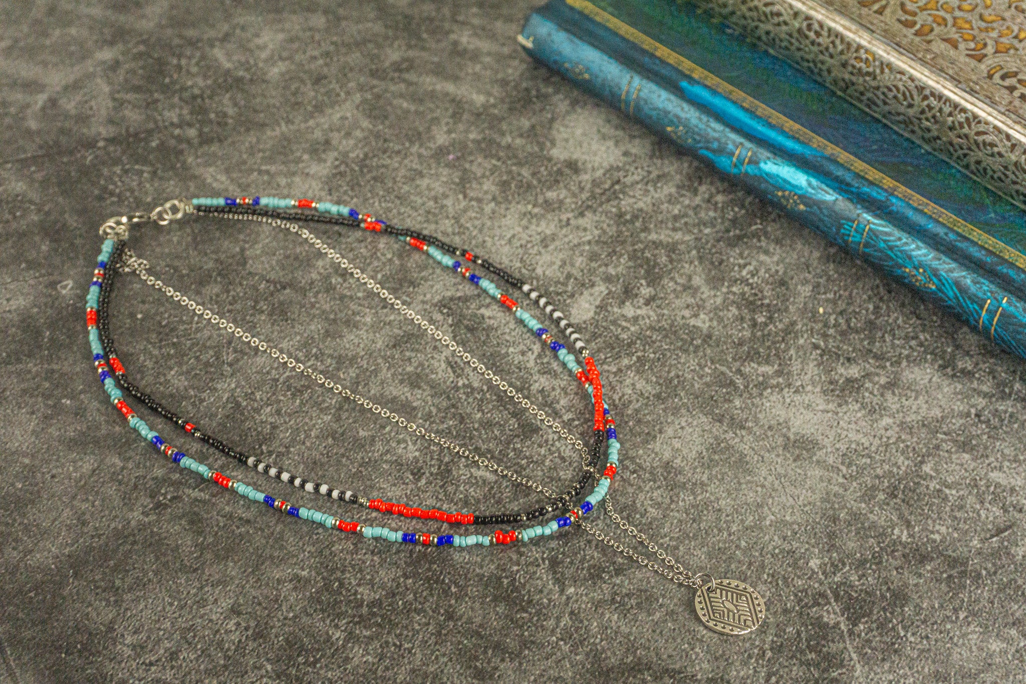 colorful beaded layered choker necklace set with coin pendant- wander jewellery