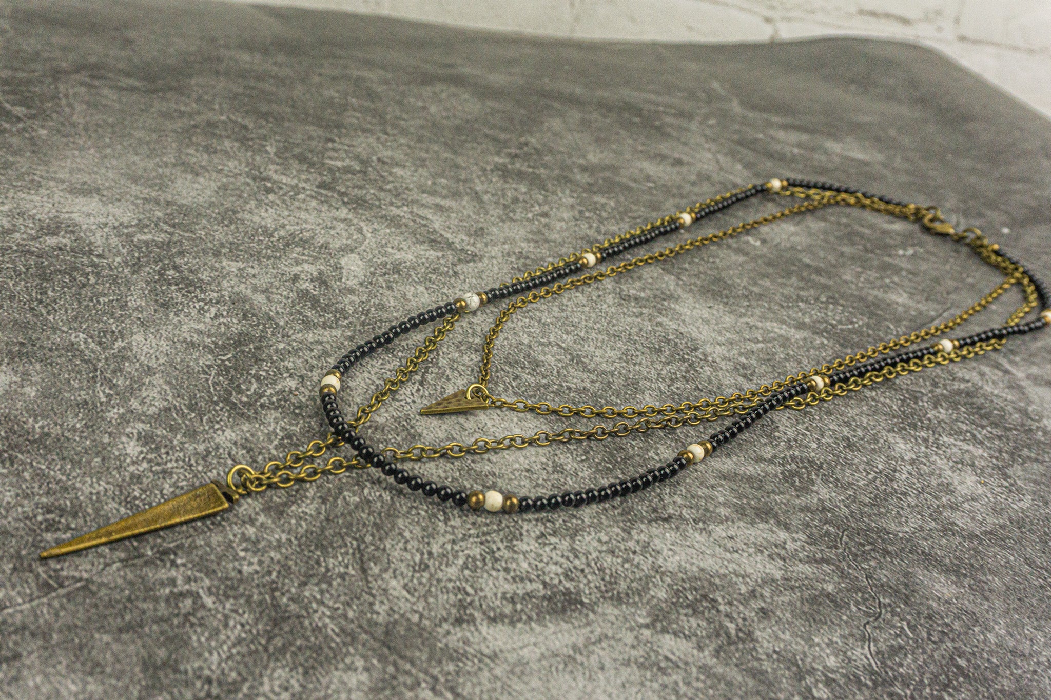 layered chain necklace black onyx beaded layer and triangle pendant- wander jewellery