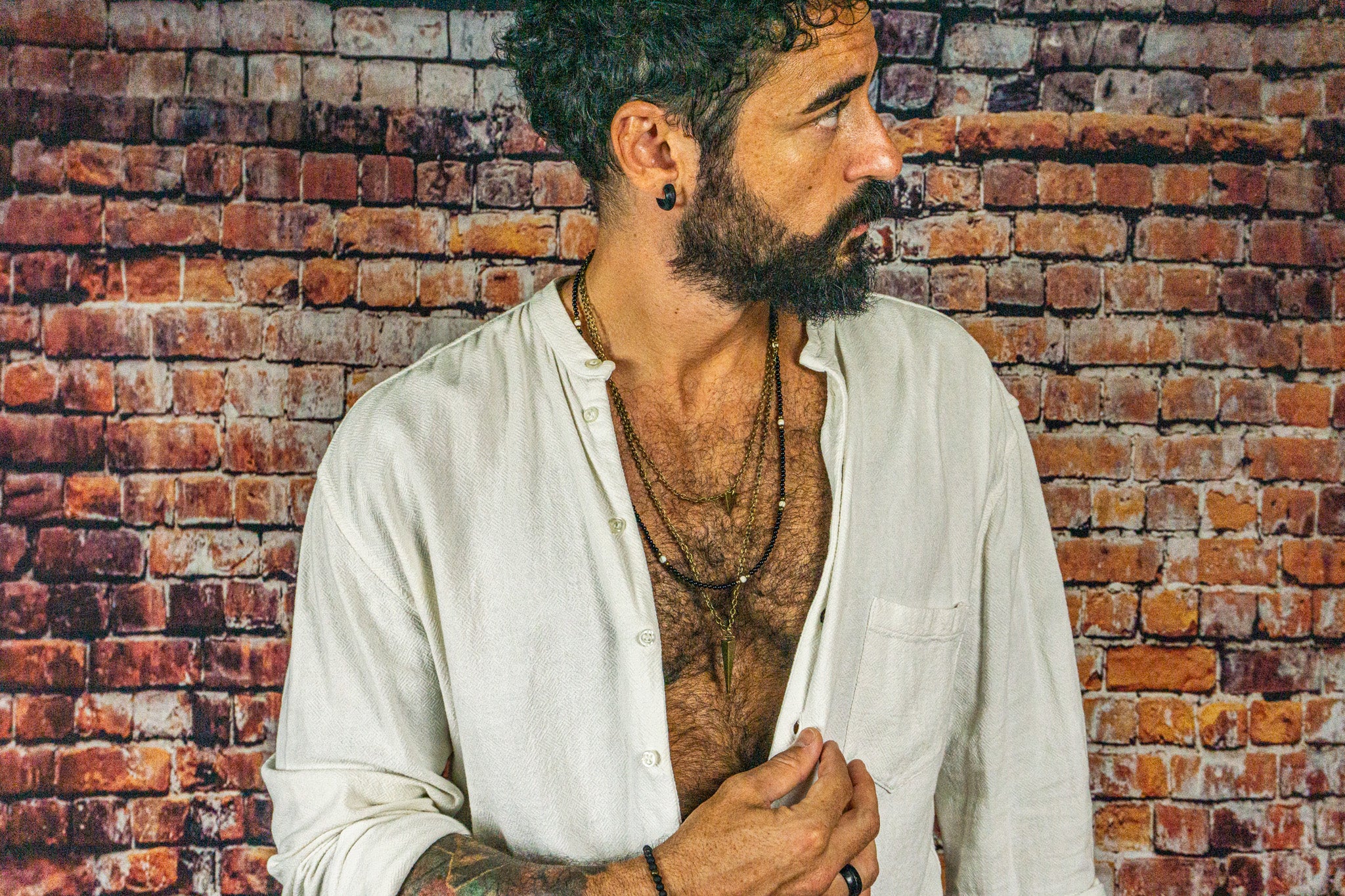 mens triple layered necklace with chain and black onyx beaded layer with dagger pendant- wander jewellery