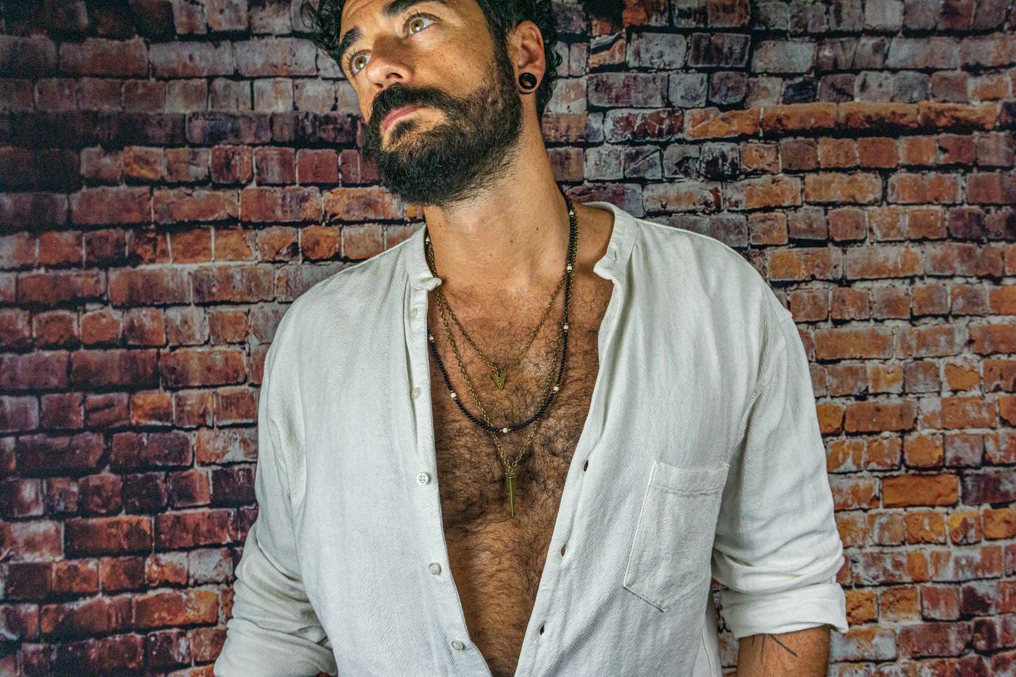 mens layered chain necklace black onyx beaded layer and triangle pendant- wander jewellery