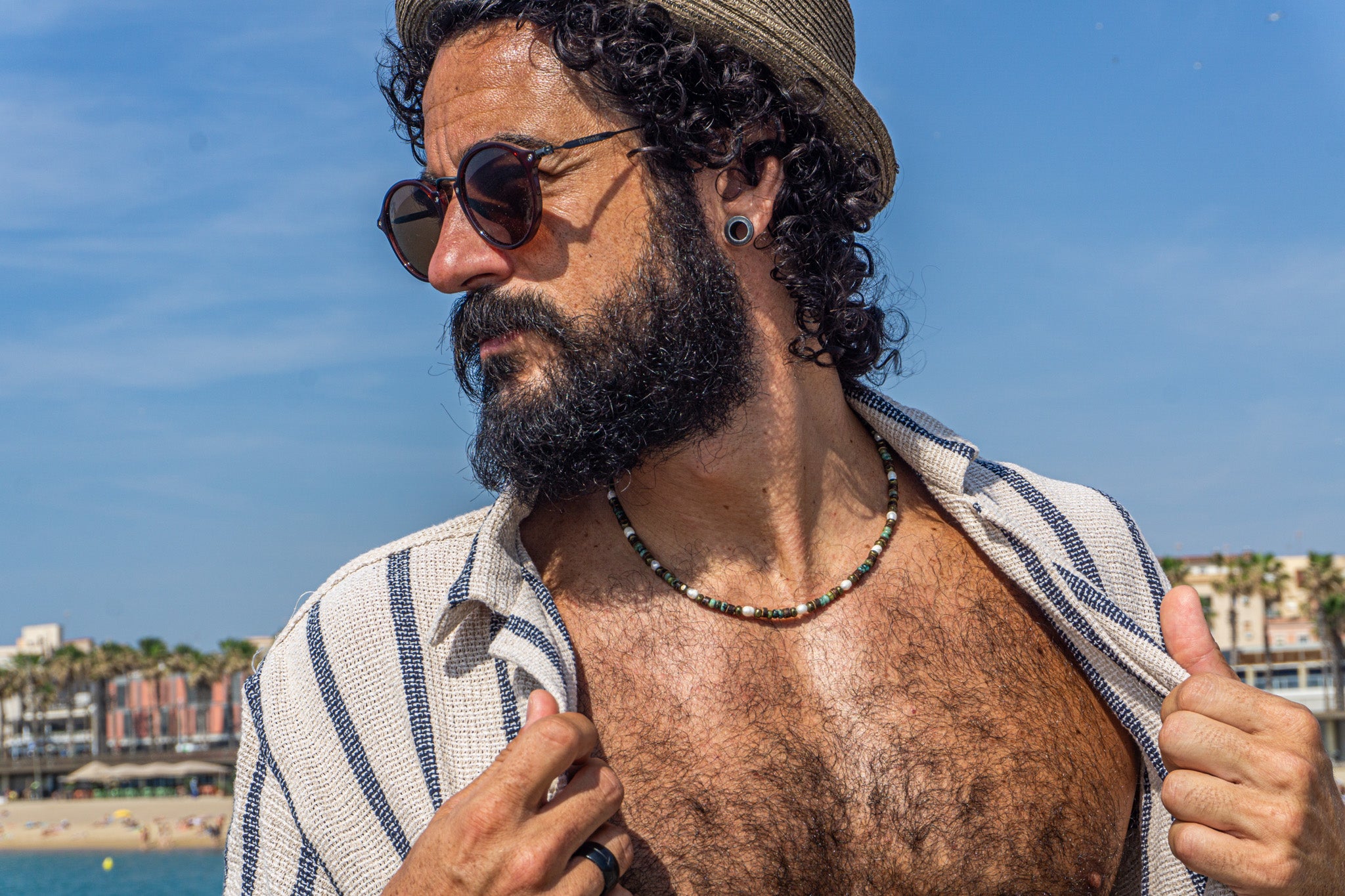 mens pearls coconut and green jasper beaded choker necklace- wander jewellery