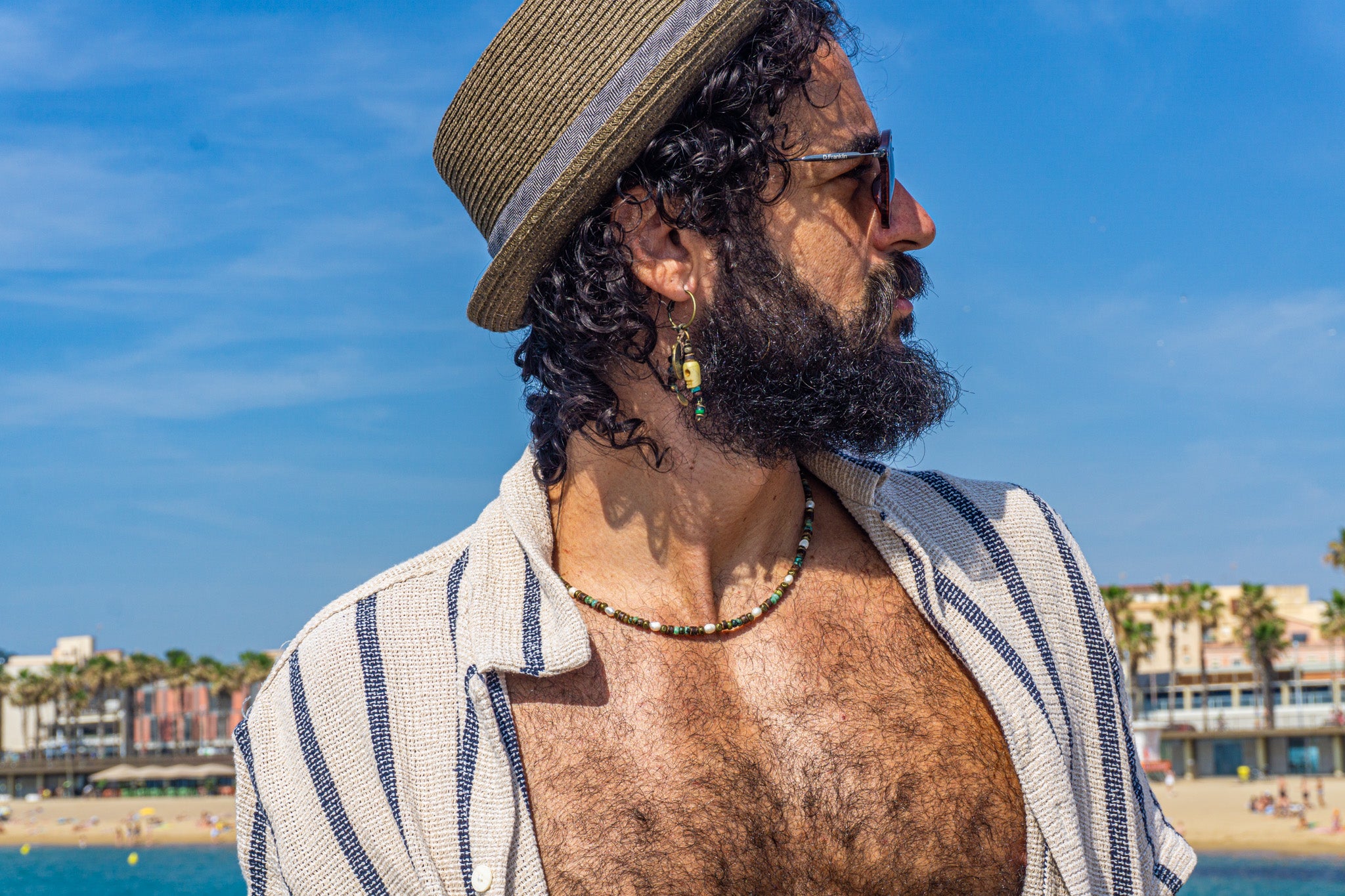 mens pearls coconut and green jasper gemstone beaded choker - wander jewellery