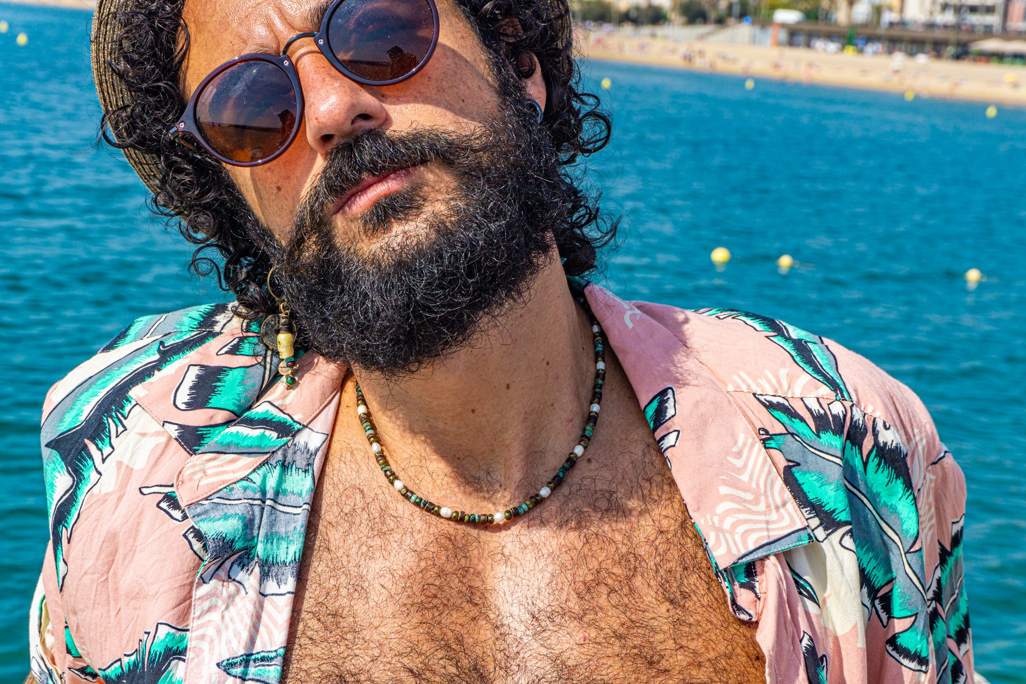 mens pearls coconut and green jasper gemstone beaded choker necklace- wander jewellery