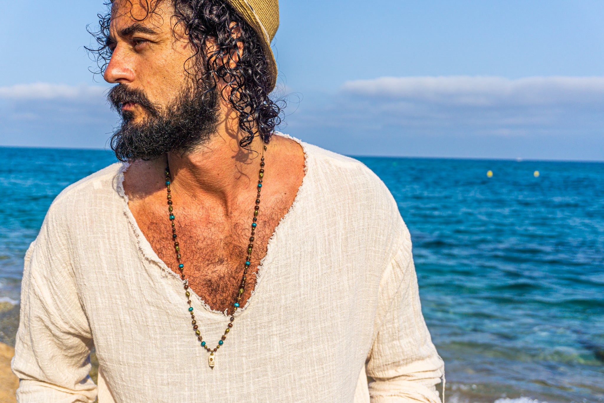 mens wood agate and brass and beaded adjustable necklace with skull pendant- wander jewellery