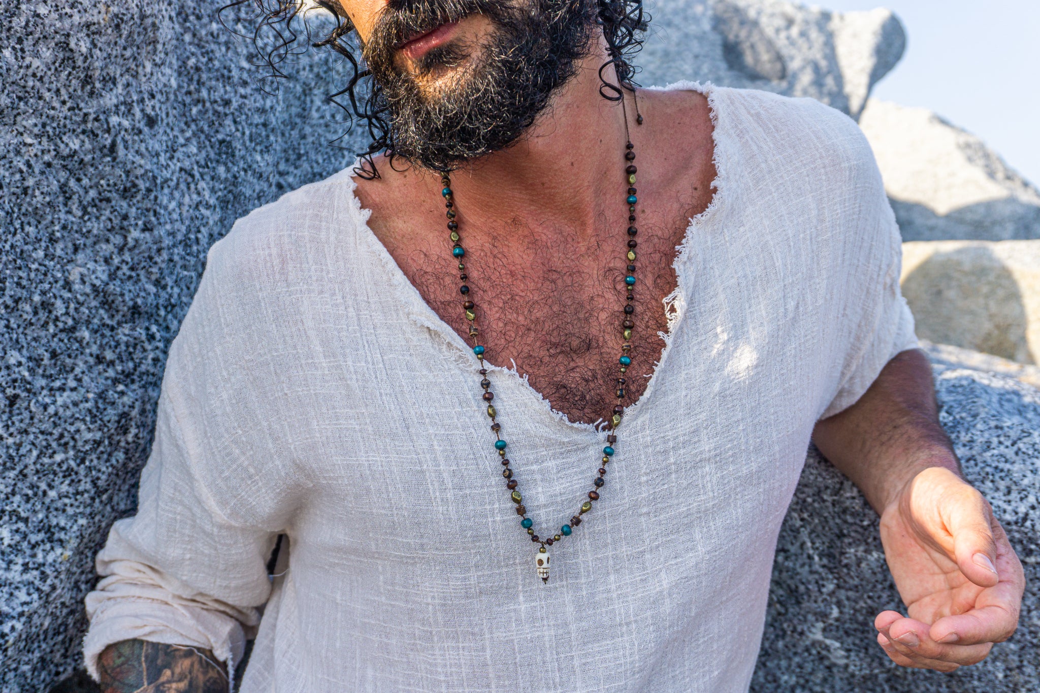 mens wood agate and brass and beaded adjustable necklace with skull charm- wander jewellery
