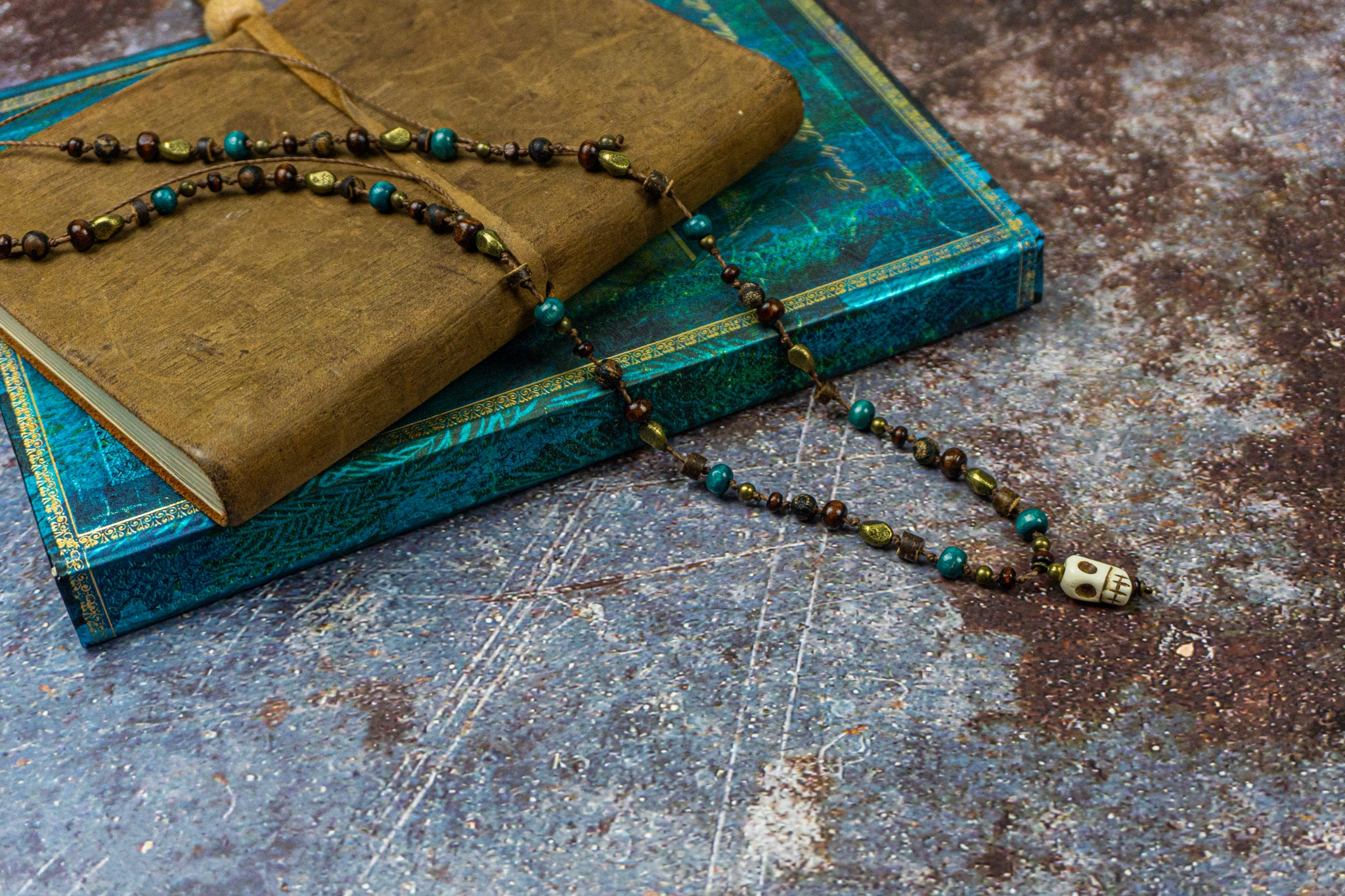 long wood agate and brass and beaded adjustable necklace with skull pendant- wander jewellery