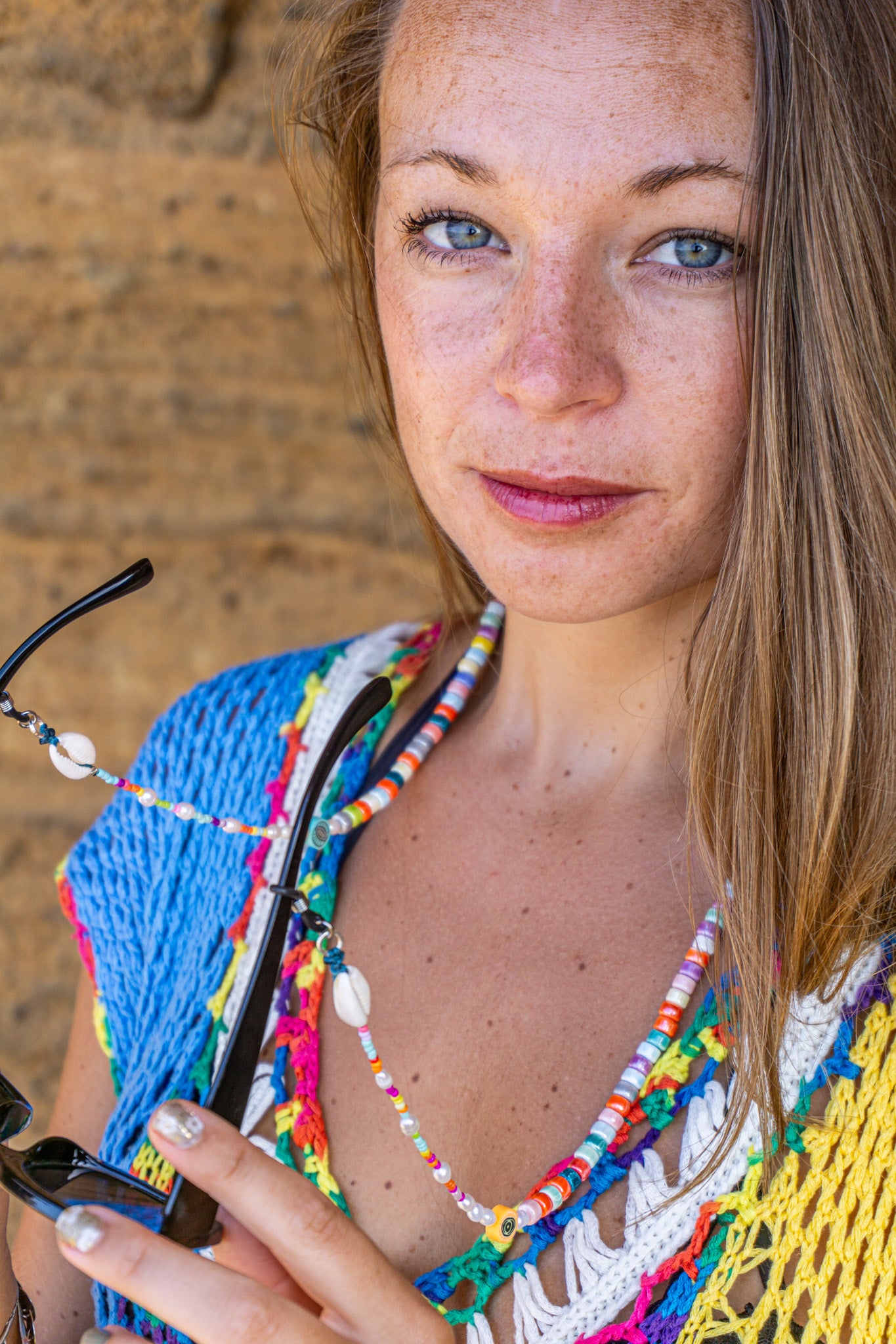 Colorful beaded glasses chain holder with porcelain beads, pearls, and cowrie shells for a summery vibe – Wander Jewellery
