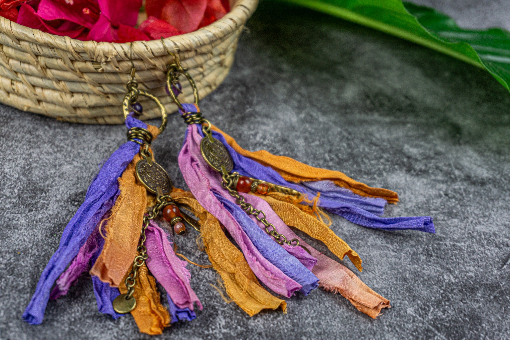 Boho fabric fringes earrings with sari silk,and broze charms wit gemstones– Wander Jewellery