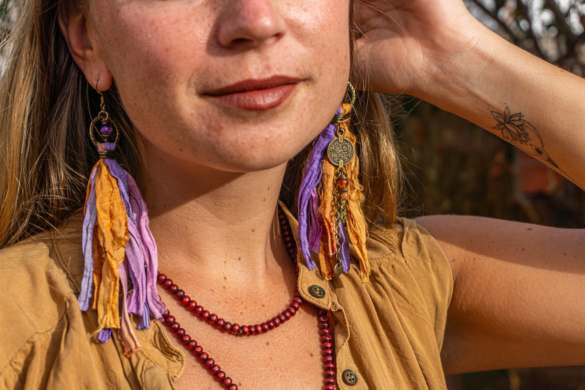 Boho fabric tassel earrings with broze charms and gemstones– Wander Jewellery