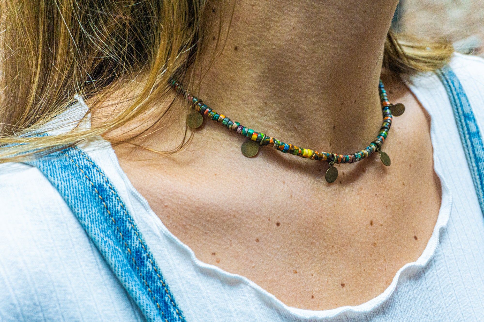 colorful womens rainbow jasper gemstone choker necklace with coin charms- wander jewellery