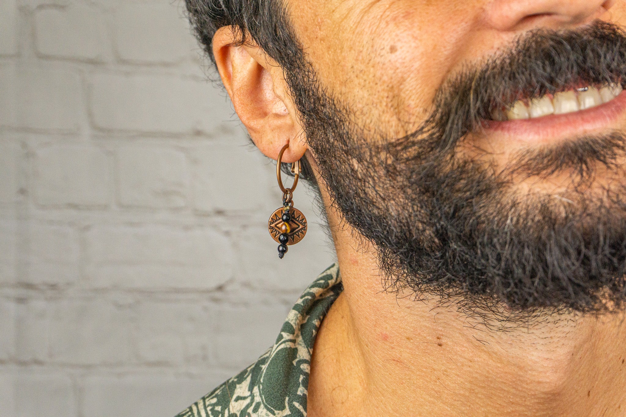 mens copper hoop earring with dangle evil eye coin and beads- wander jewellery