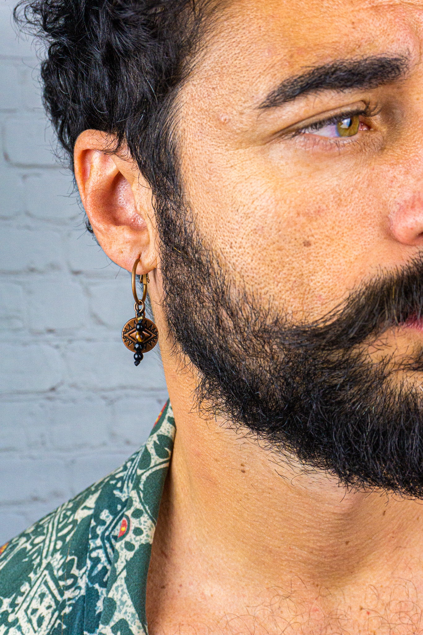 mens copper hoop earring with dangle evil eye coin and gemstone beads- wander jewellery