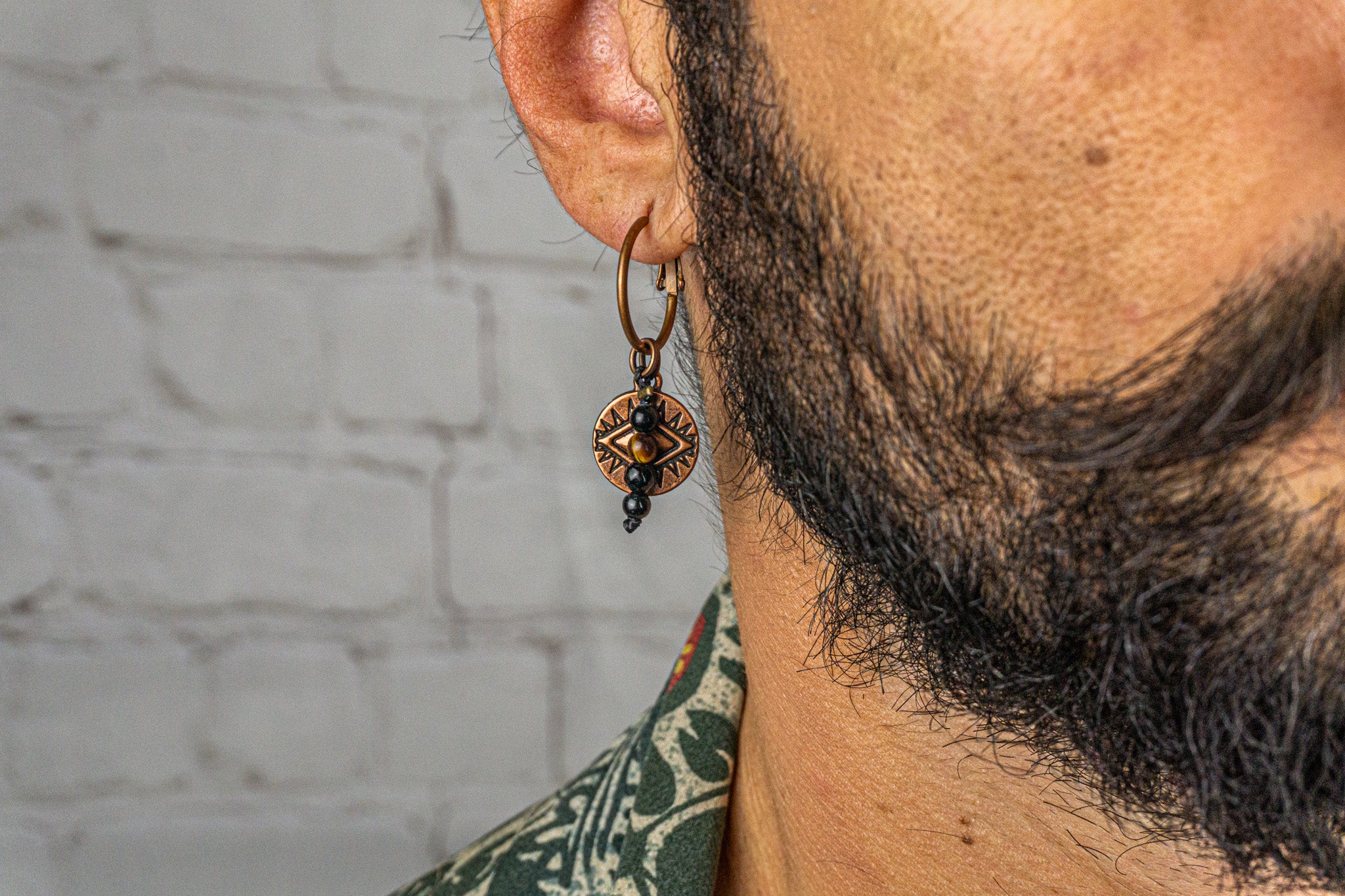 mens copper hoop earring with dangle evil eye coin and gemstones- wander jewellery