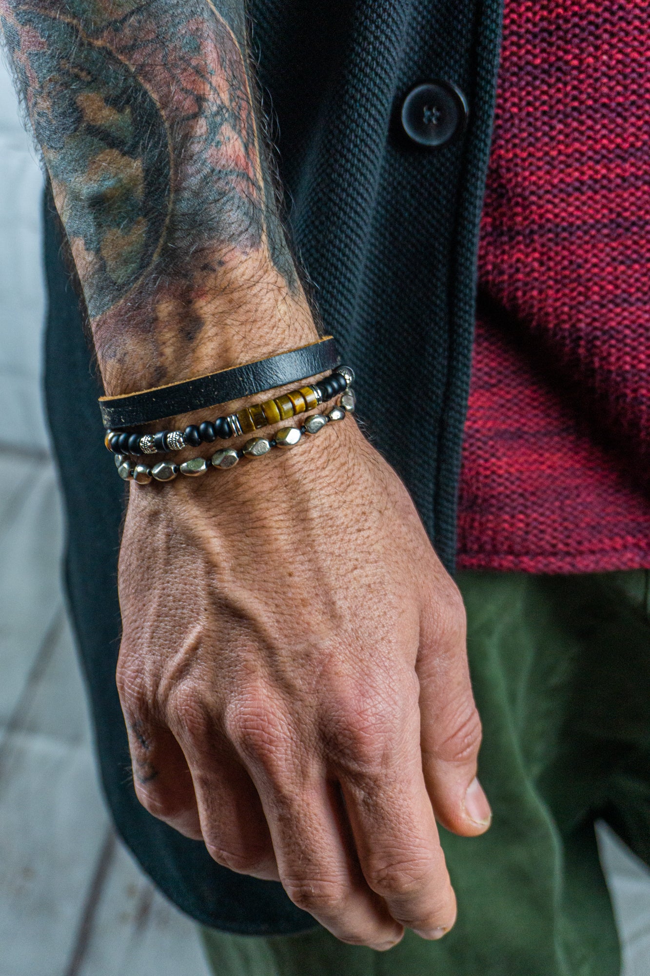mens dream bracelet set made of one onyx and tiger eye bracelet, one black leather vintage bracelet and one silver colored adjustable bracelet- wander jewellery