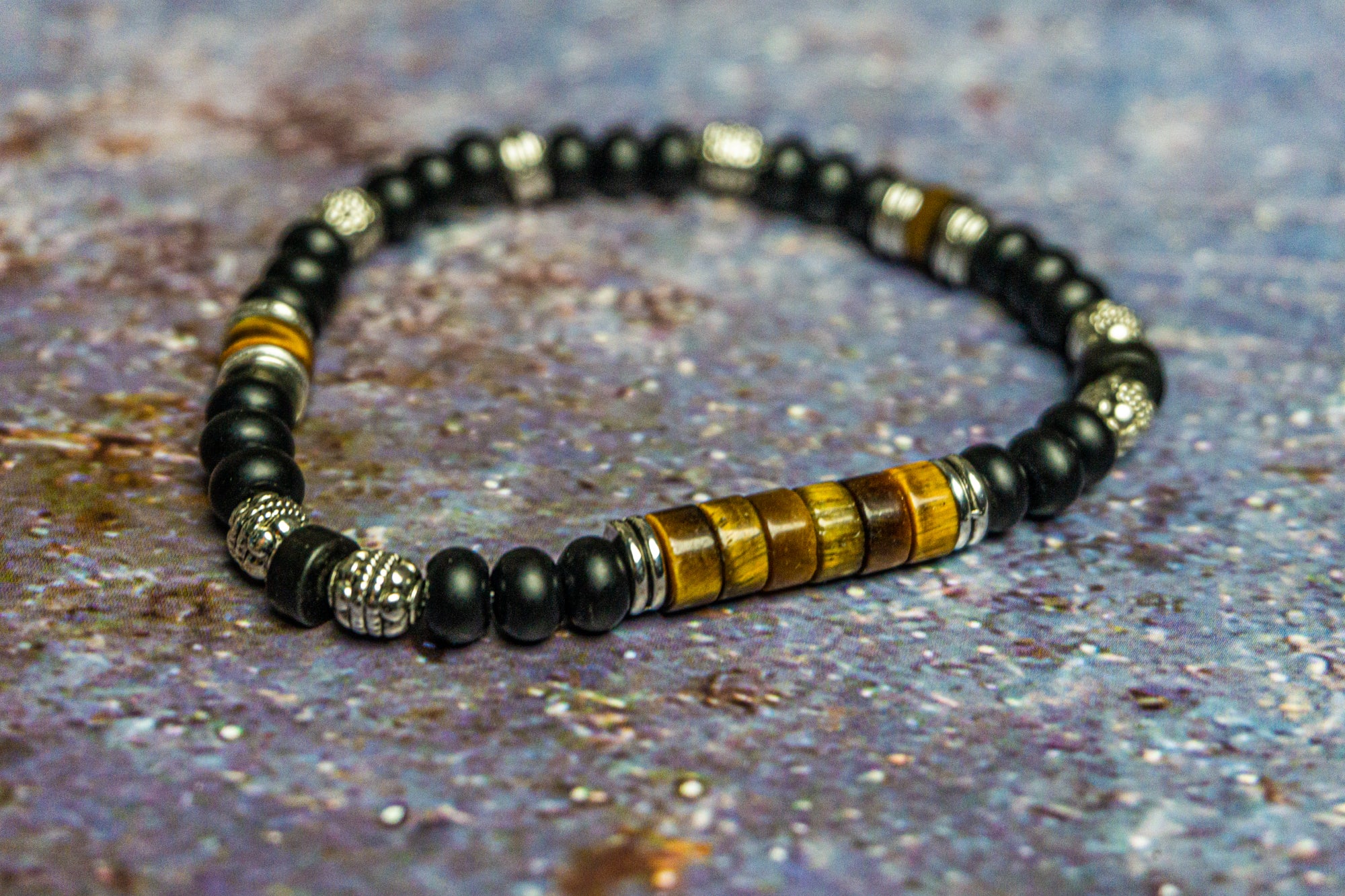 Traumset-Armband – Onyx und Tigerauge, Silbernugget, schwarzes Leder