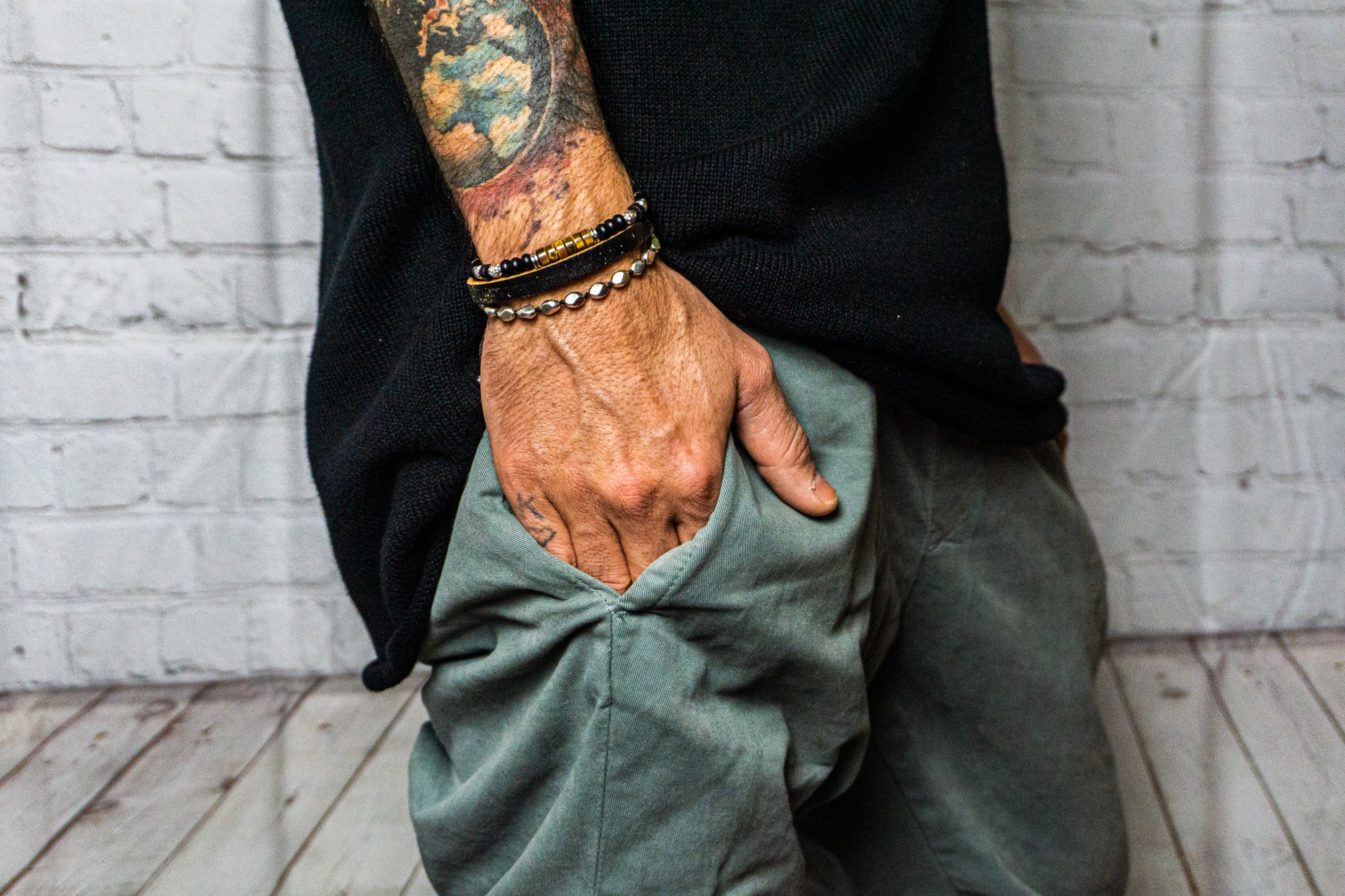 mens dream bracelet set made of one onyx and tiger eye bracelet, one black leather vintage bracelet and one silver colored bracelet- wander jewellery
