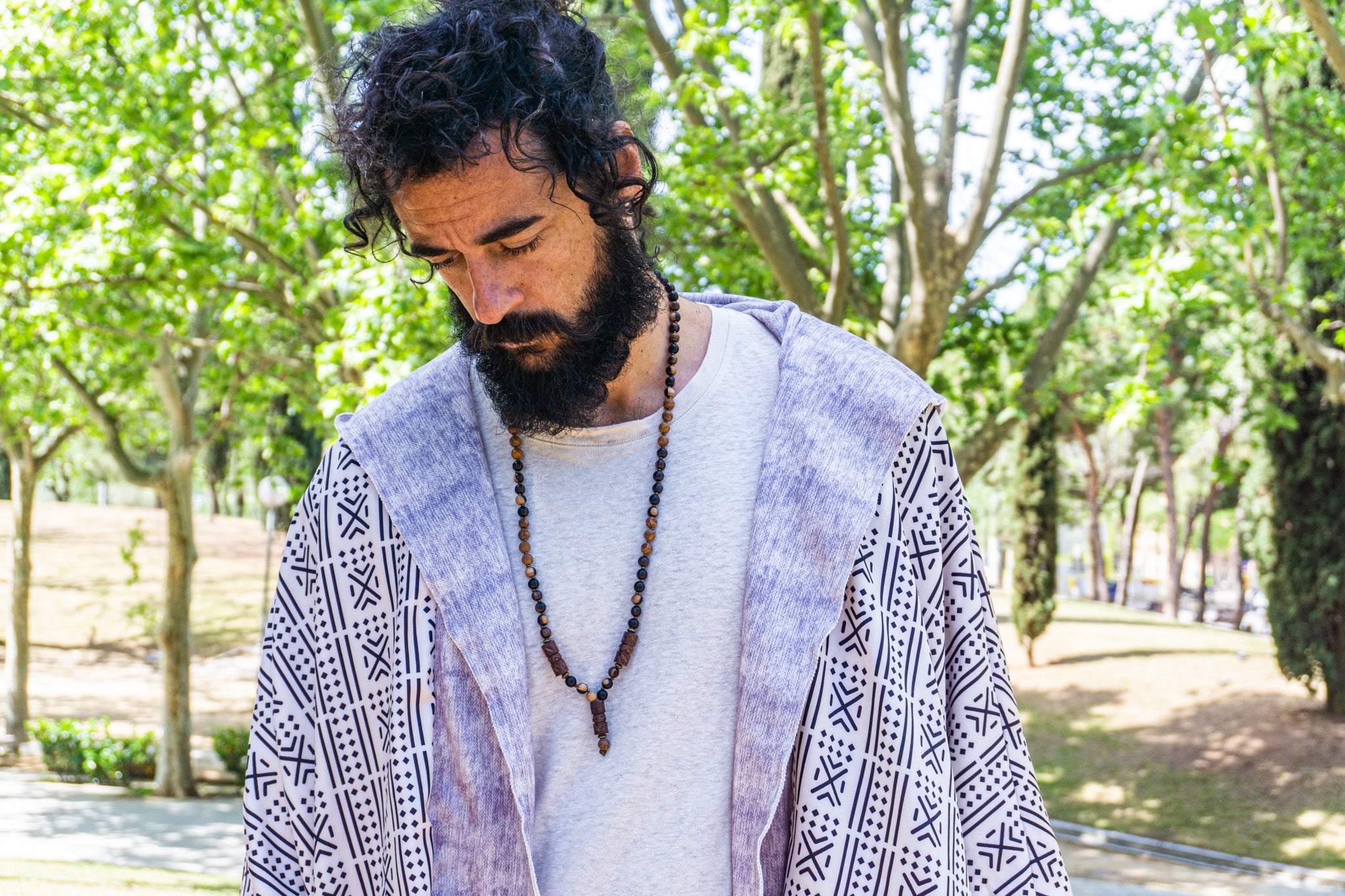 mens dark ebony wood and elephant skin beaded necklace with bronze details and ebony wood pieces
