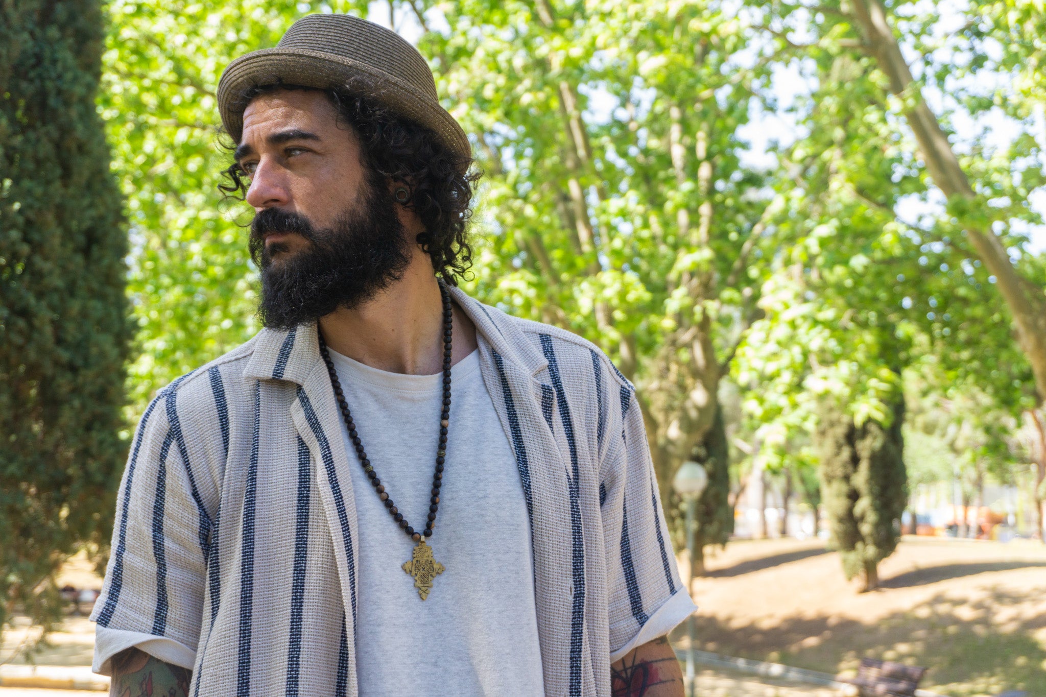 mens dark brown ebony wood beaded necklace with a bronze ethipoian cross as pensant- wander jewellery