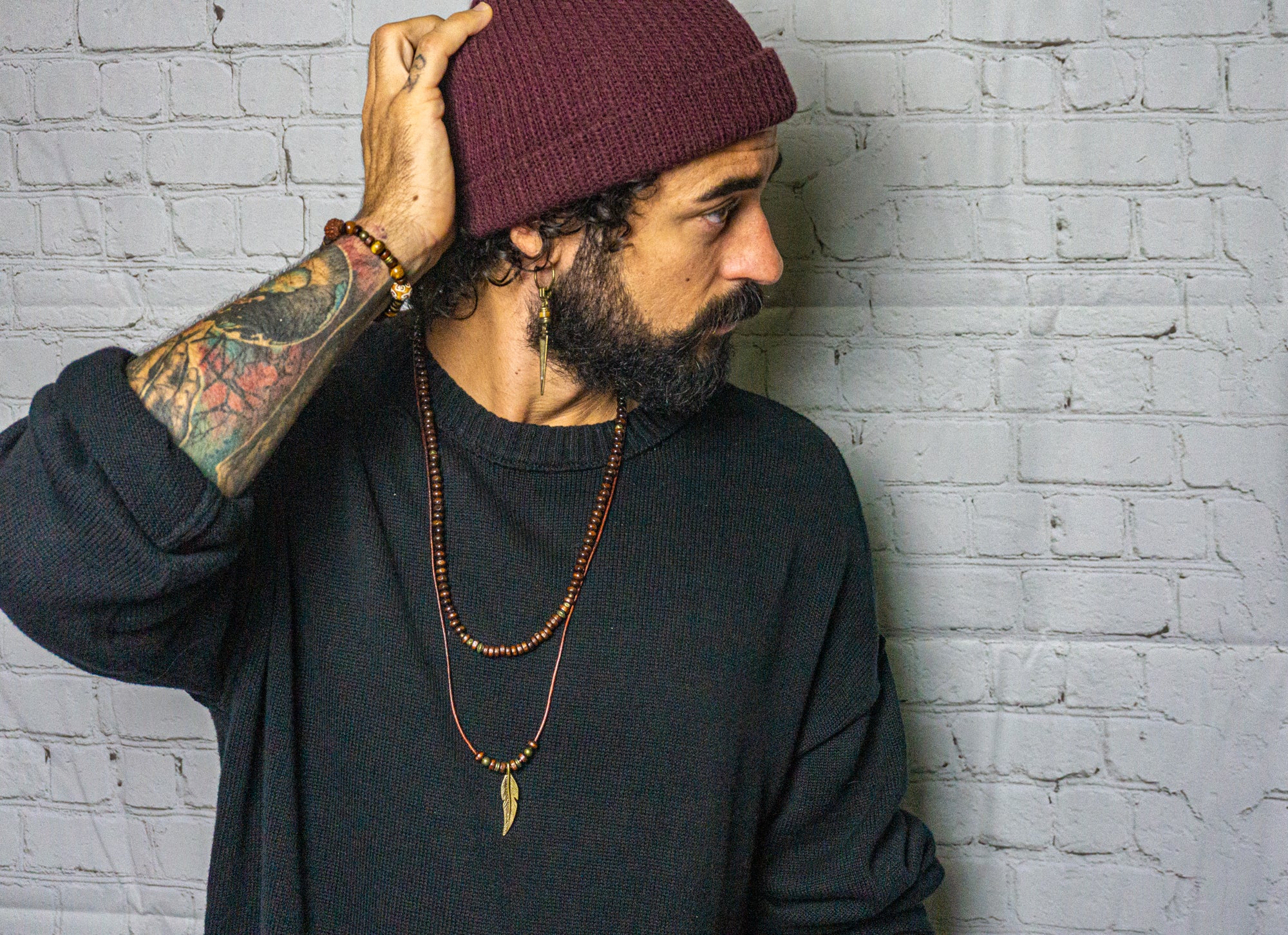 mens necklace set made of a wooden bead necklace and a leather necklace with a bronze feather as a pendant- wander jewellery