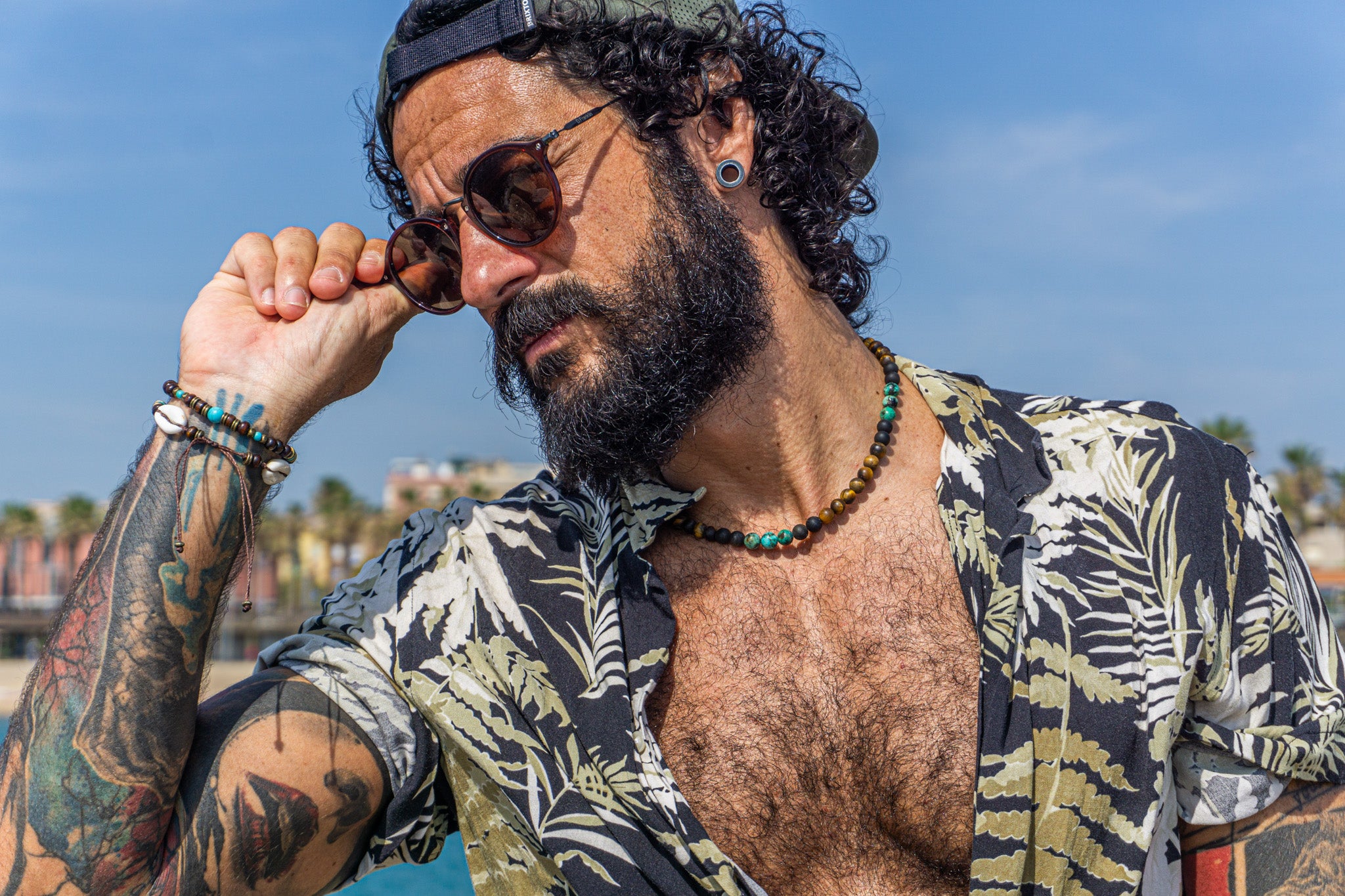 Mens gemstone beaded choker necklace made of tiger ete, golden obsidian and african turquoise jasper- wander jewellery