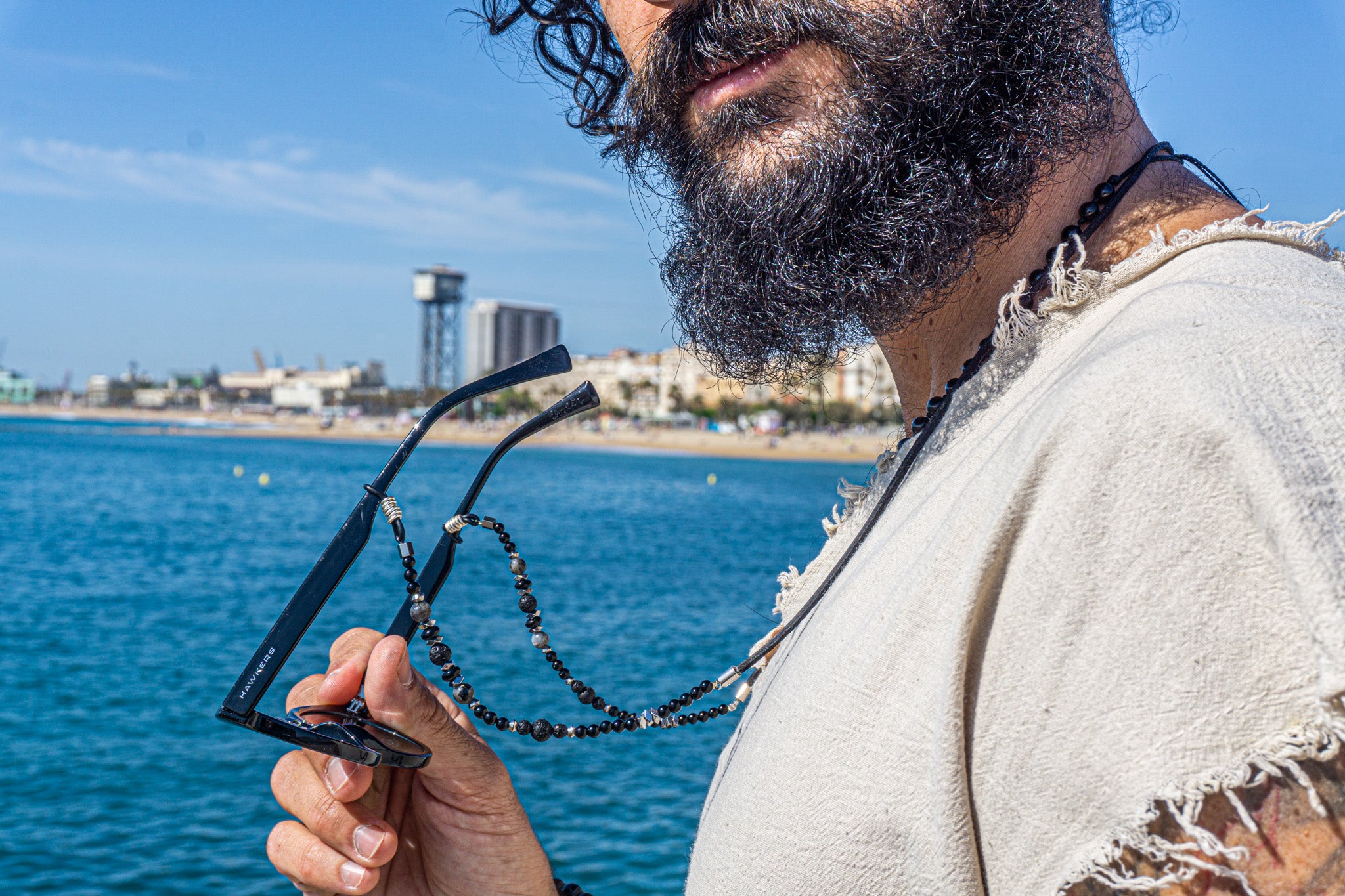 mens black leather and onyx labradorite and lava stone gemstone beaded glasses chain- wander jewellery