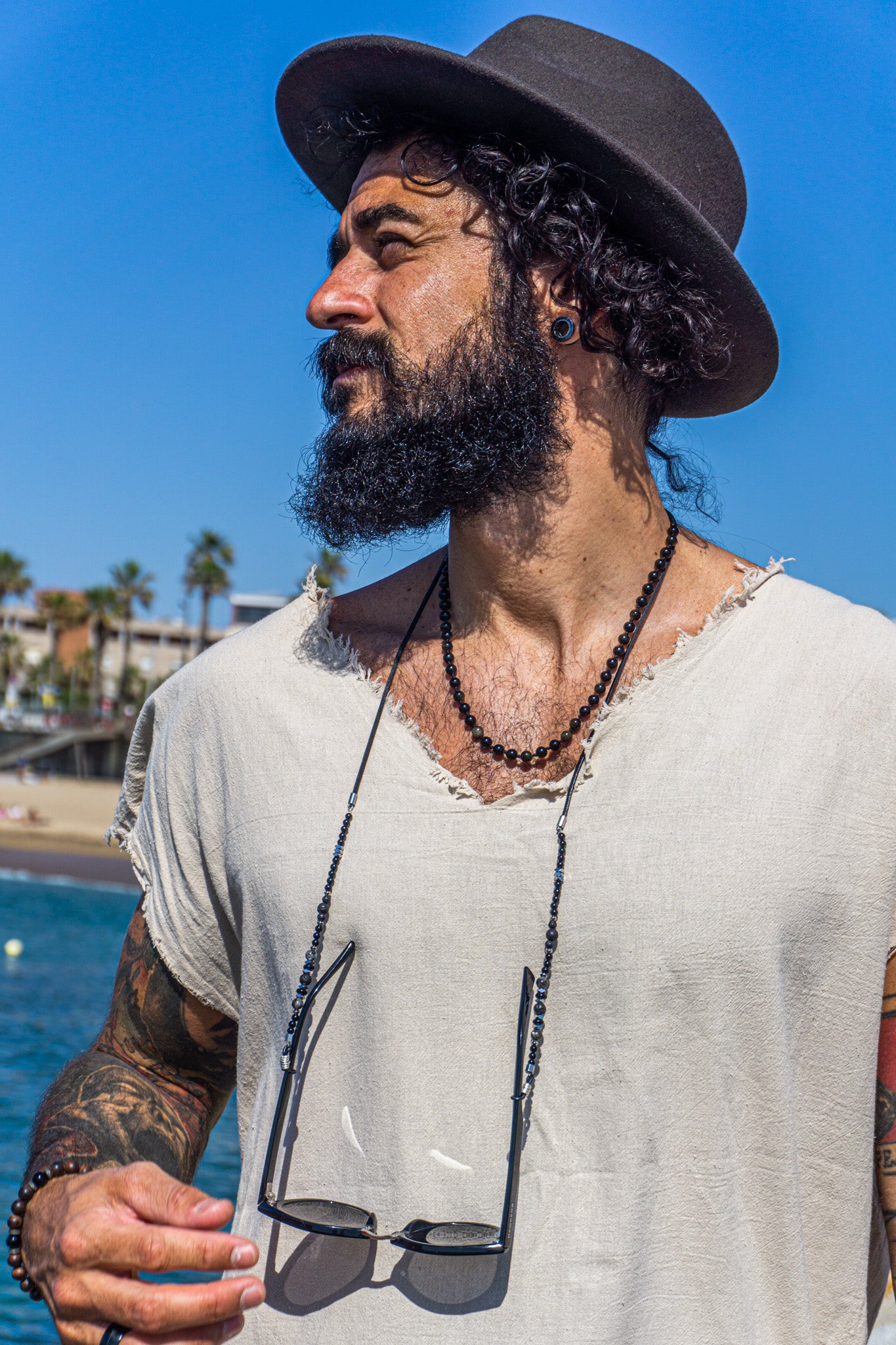 mens black leather and onyx labradorite and lava stone gemstone beaded sunglasses chain holder- wander jewellery