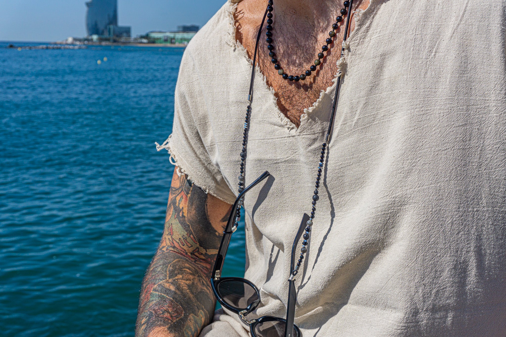mens black leather,onyx labradorite and lava stone gemstone beaded sunglasses chain- wander jewellery