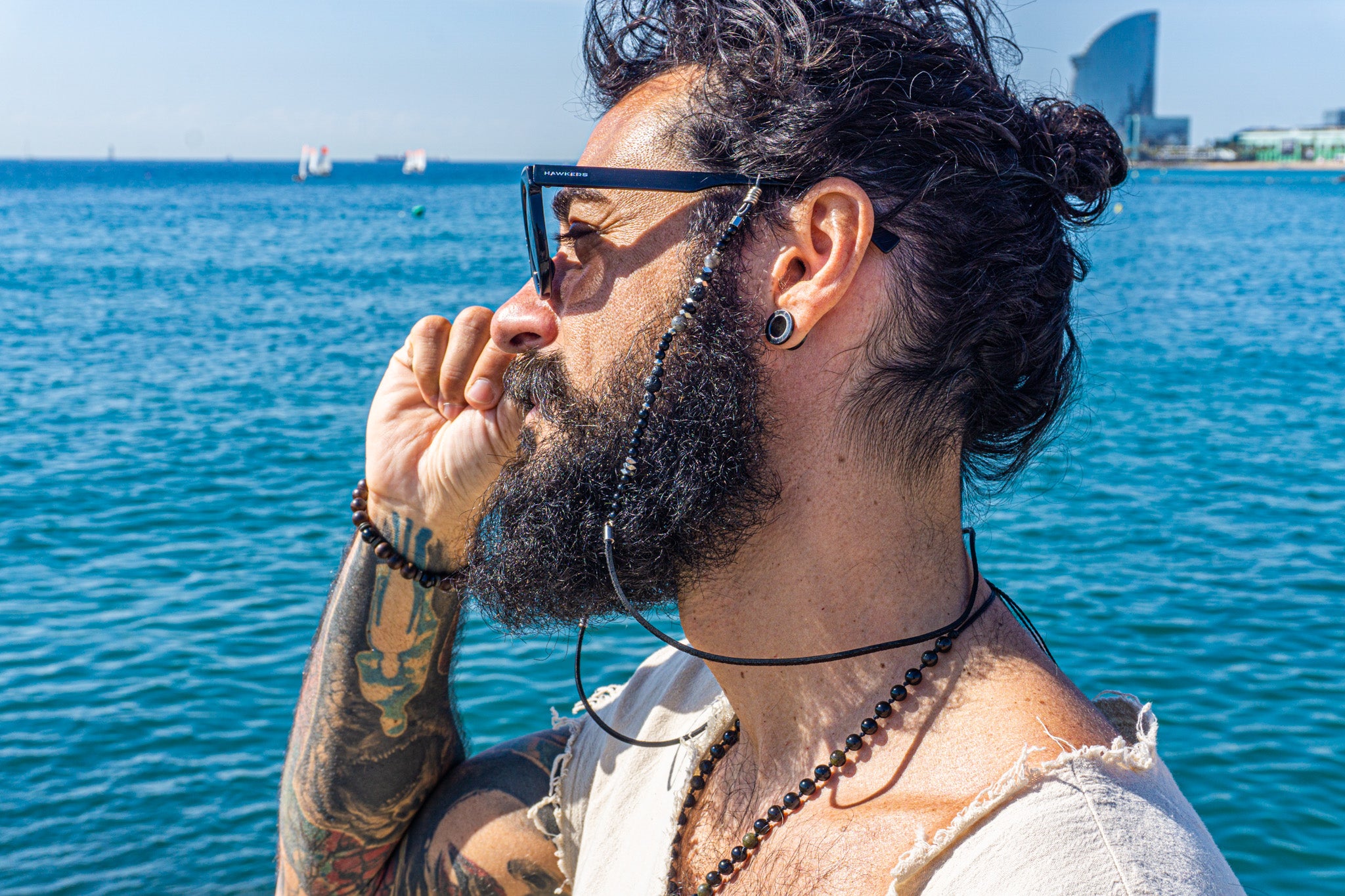 black leather and onyx labradorite and lava stone gemstone beaded glasses holder- wander jewellery