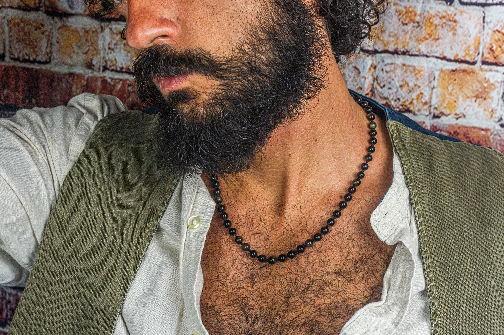 mens black obsidian beaded necklace- wander jewellery