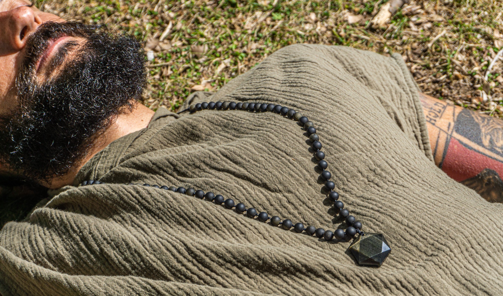 mens long black obsidian beaded necklace with an obsidian pendant- wander jewellery